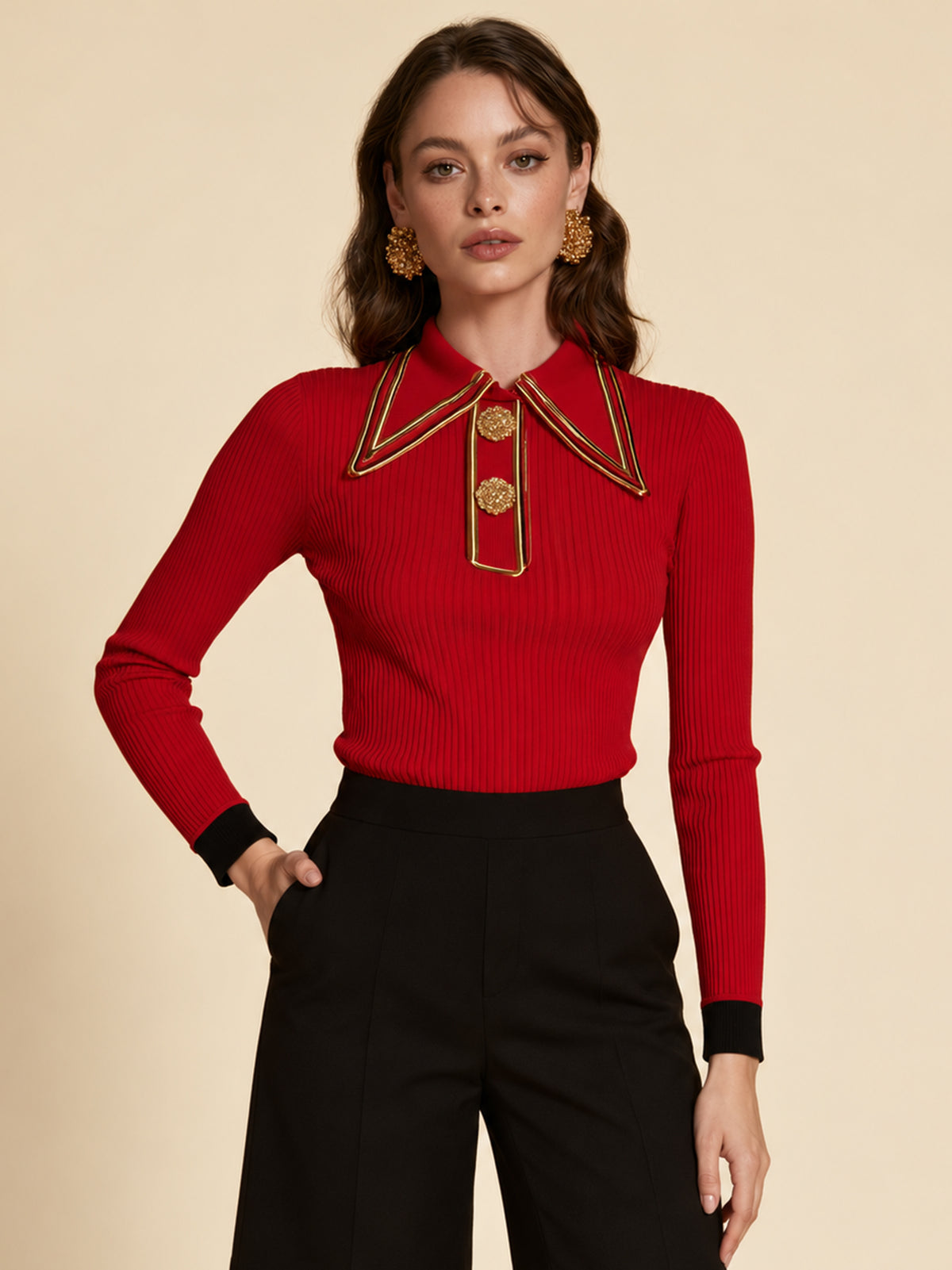 Red Ribbed Knit Polo Top With Gold Trim Collar And Ornate Buttons
