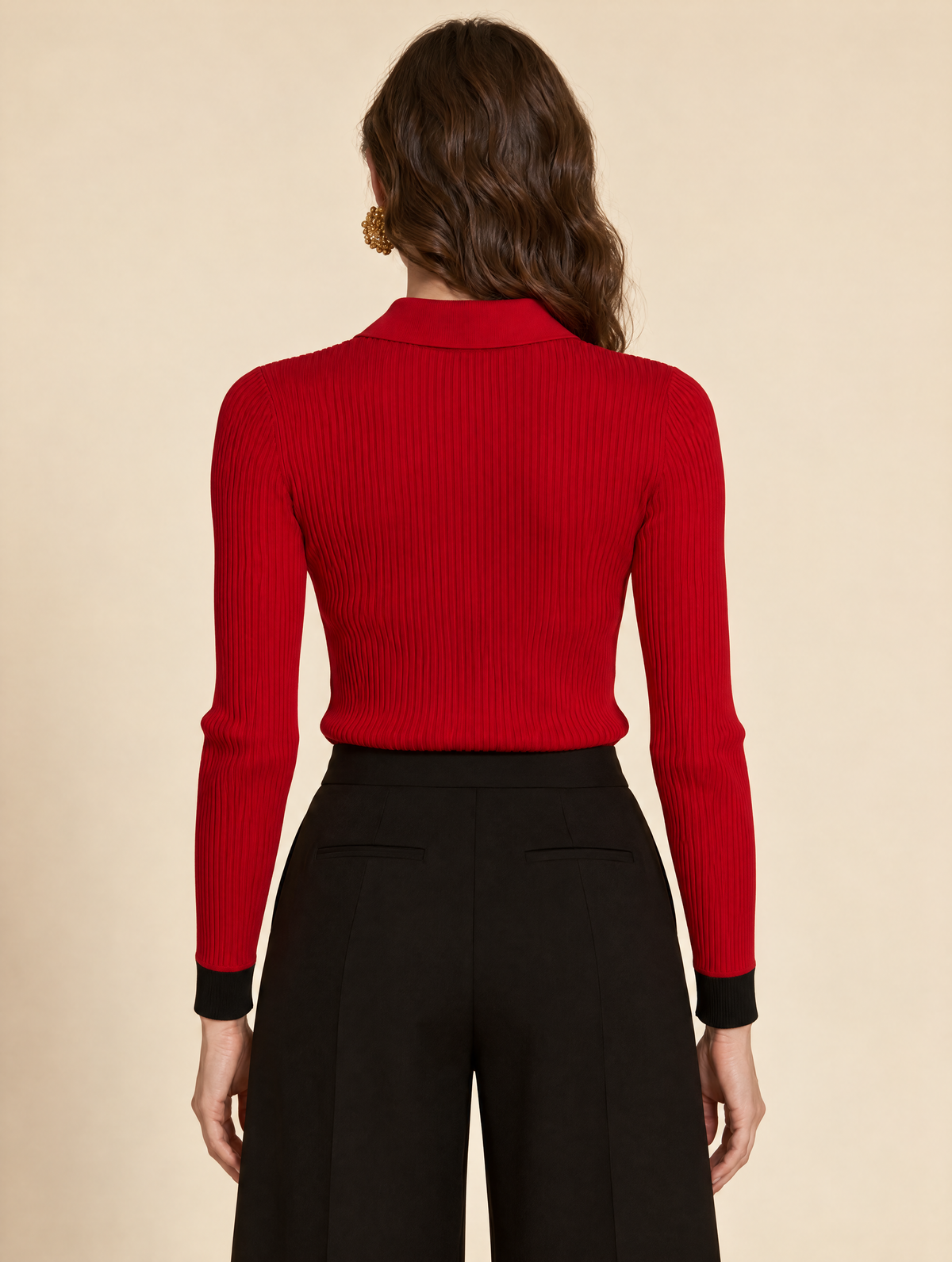 Red Ribbed Knit Polo Top With Gold Trim Collar And Ornate Buttons