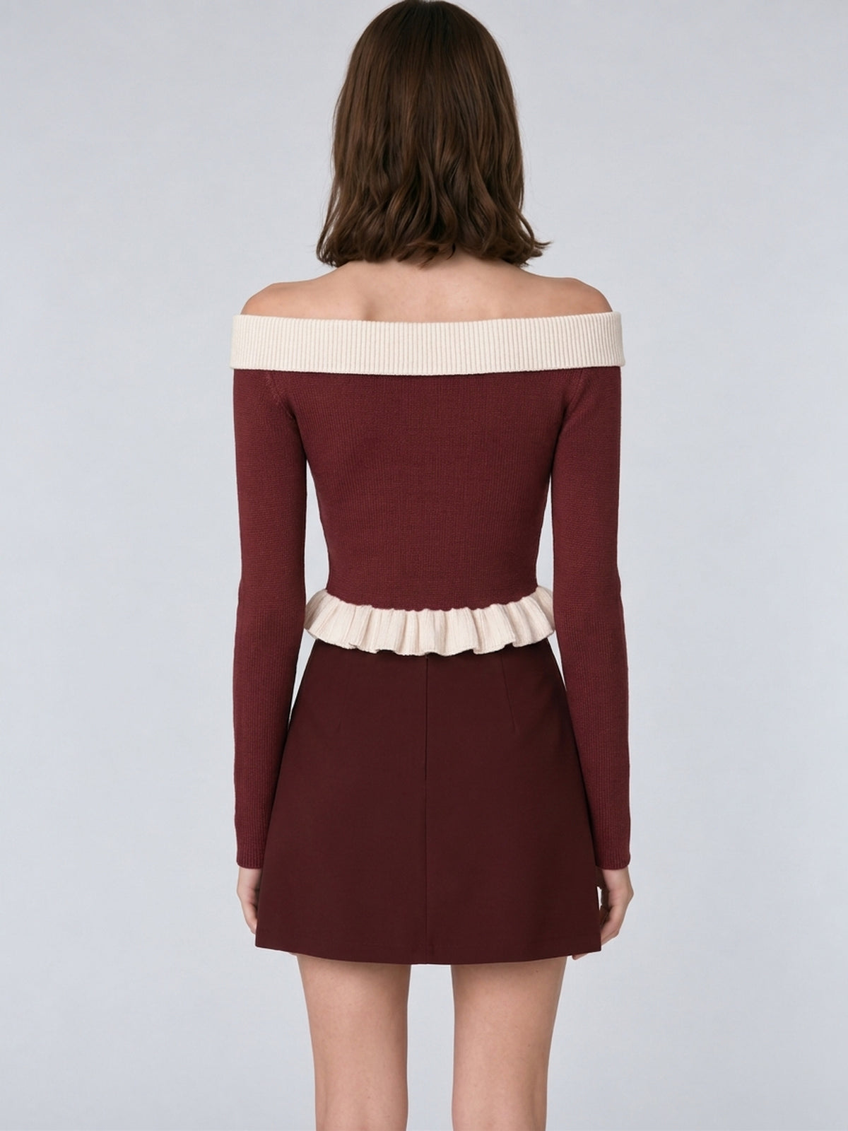 Burgundy Off-Shoulder Knit Top With Contrast Cream Bow And Ruffle Hem