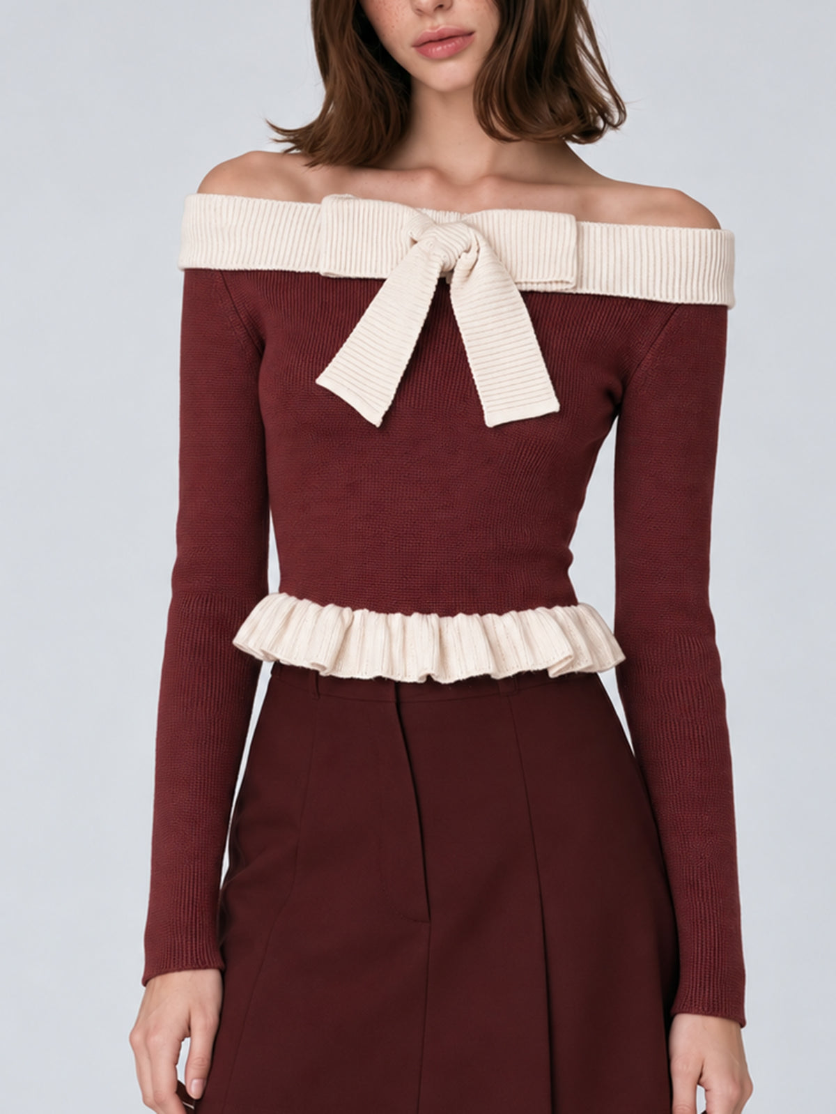 Burgundy Off-Shoulder Knit Top With Contrast Cream Bow And Ruffle Hem