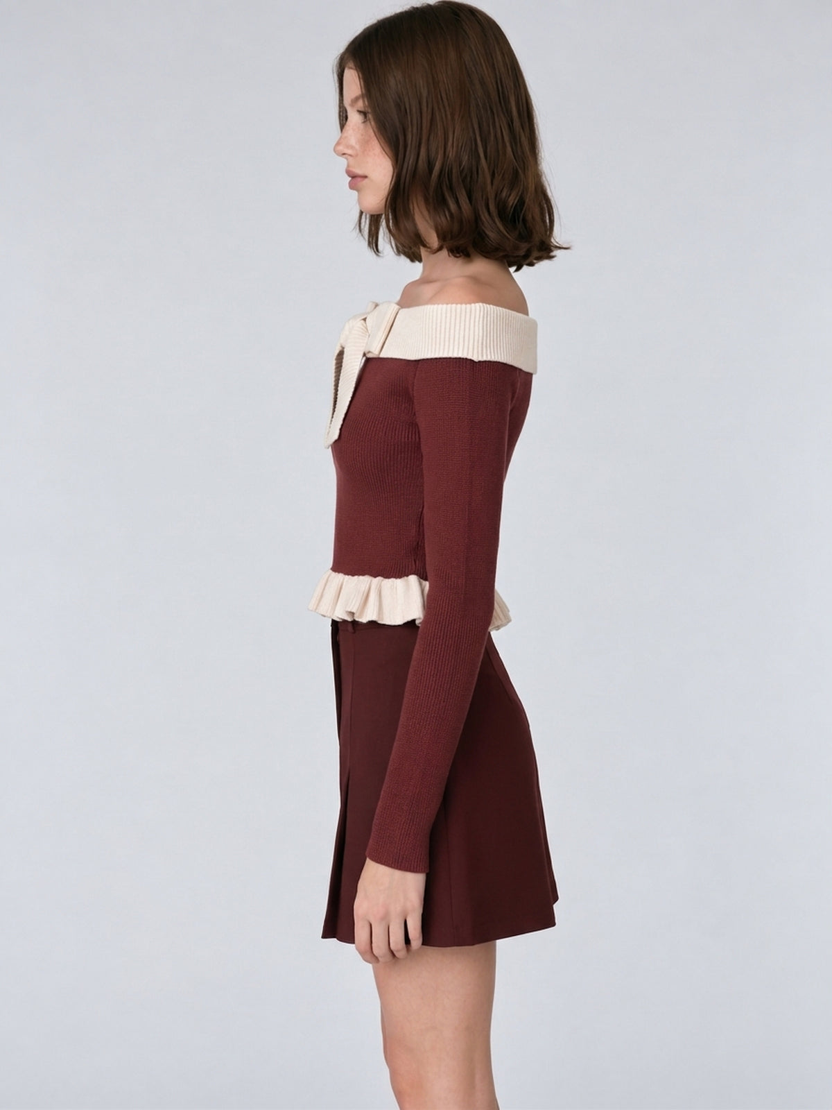 Burgundy Off-Shoulder Knit Top With Contrast Cream Bow And Ruffle Hem