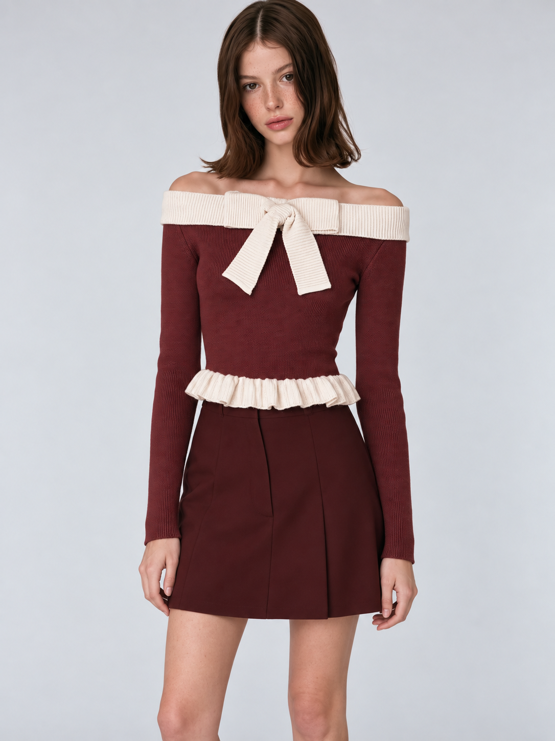 Burgundy Off-Shoulder Knit Top With Contrast Cream Bow And Ruffle Hem