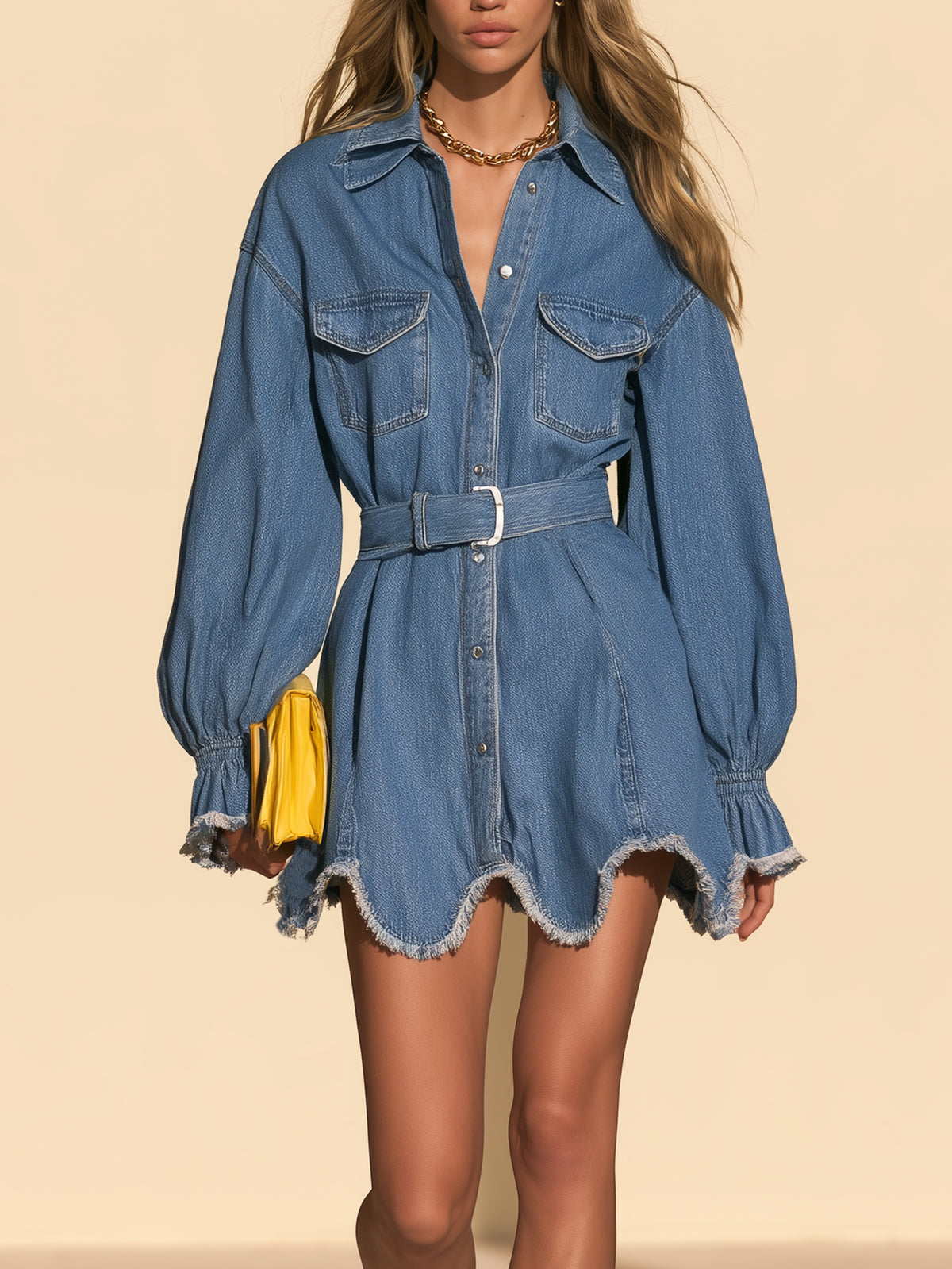 Blue Denim Belted Shirt Dress With Raw Frayed Scalloped Hem