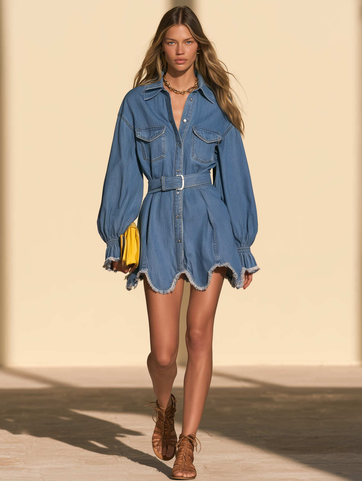 Blue Denim Belted Shirt Dress With Raw Frayed Scalloped Hem