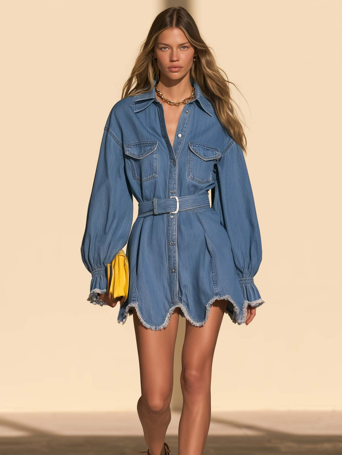 Blue Denim Belted Shirt Dress With Raw Frayed Scalloped Hem