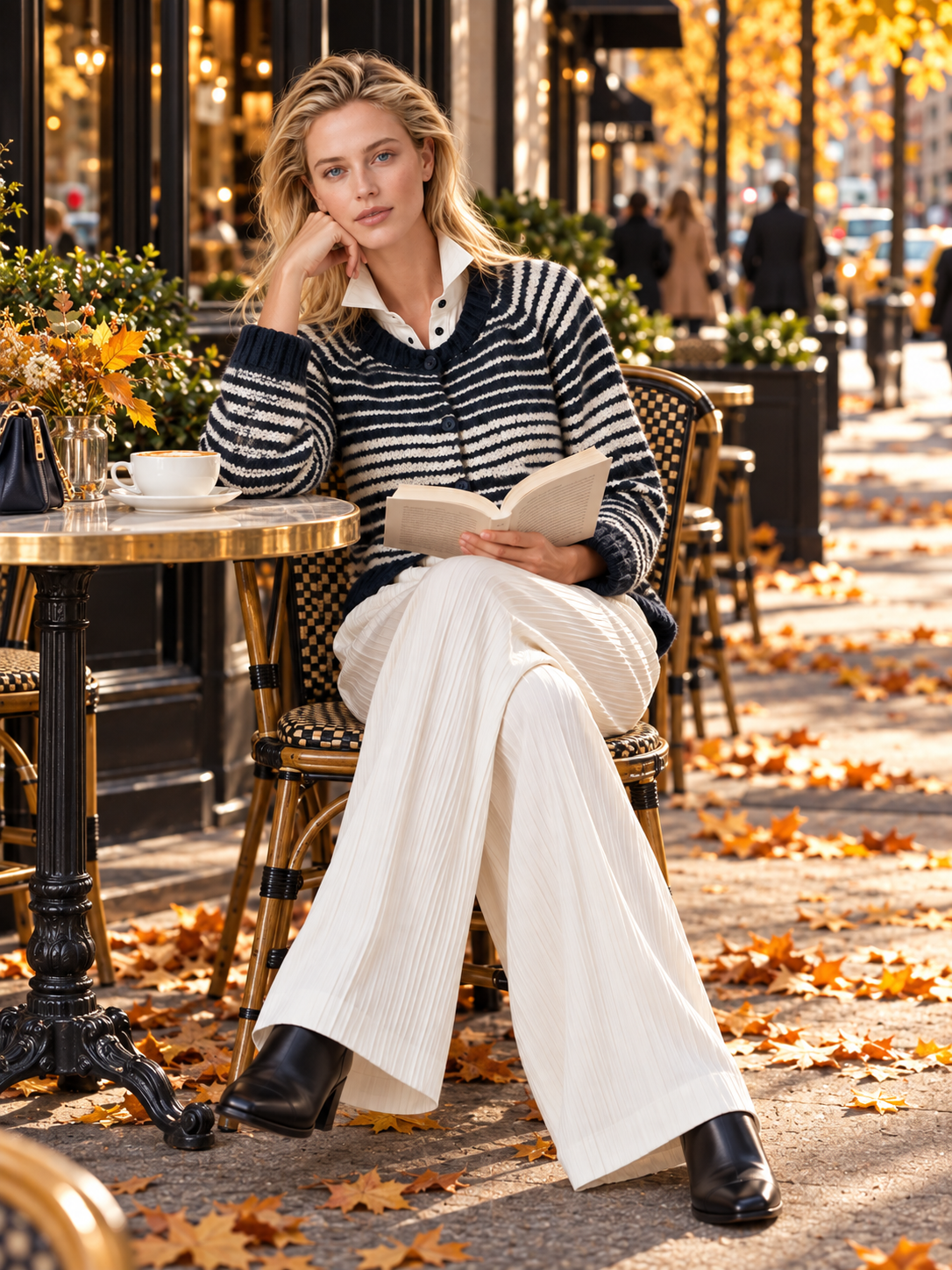 Navy Striped Knit Cardigan With Mock Two-Piece Shirt Collar