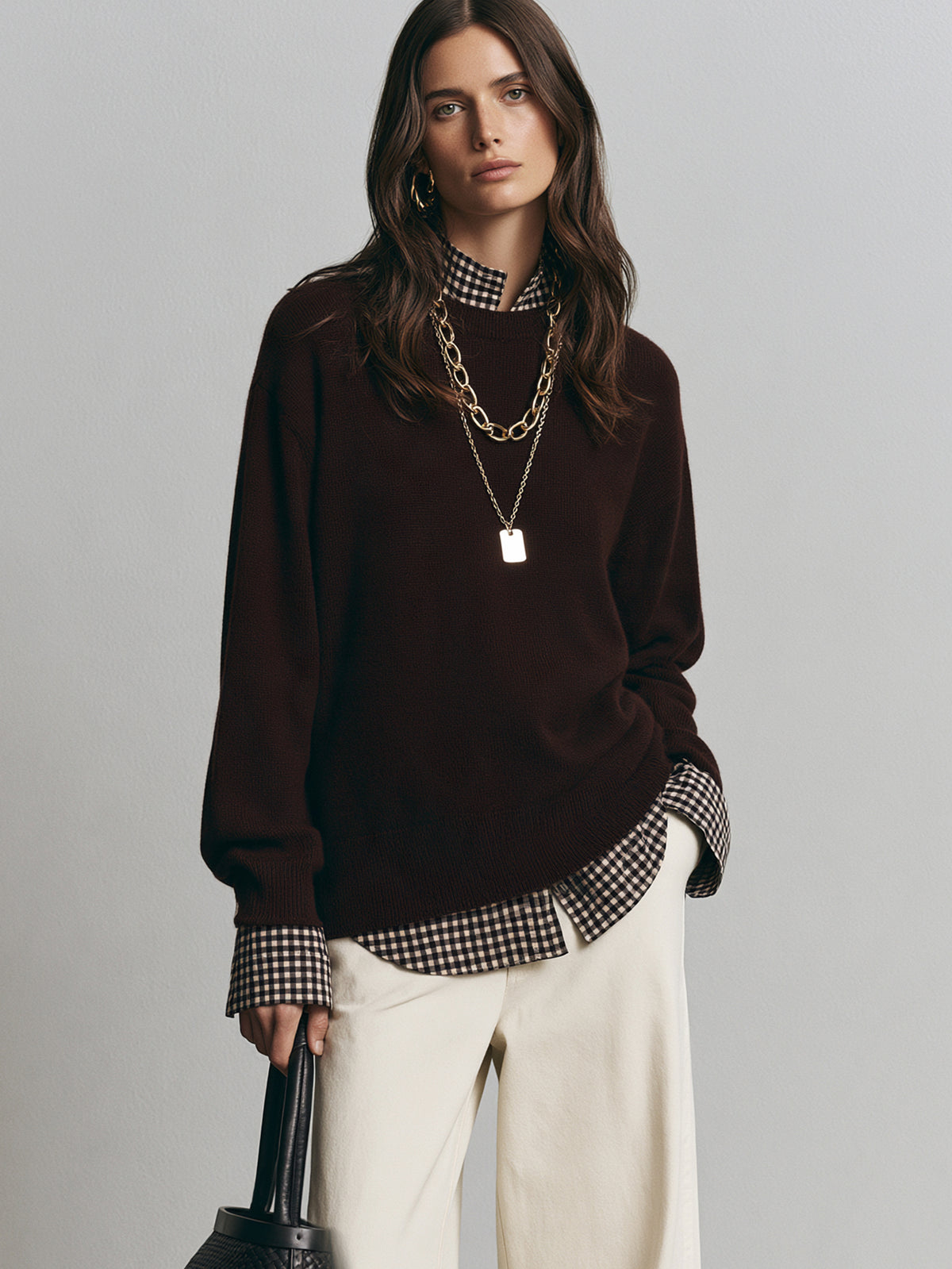 Faux Two-Piece Wool Blend Crew Neck Sweater Pullover