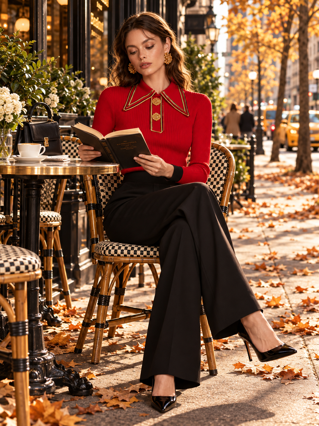 Red Ribbed Knit Polo Top With Gold Trim Collar And Ornate Buttons