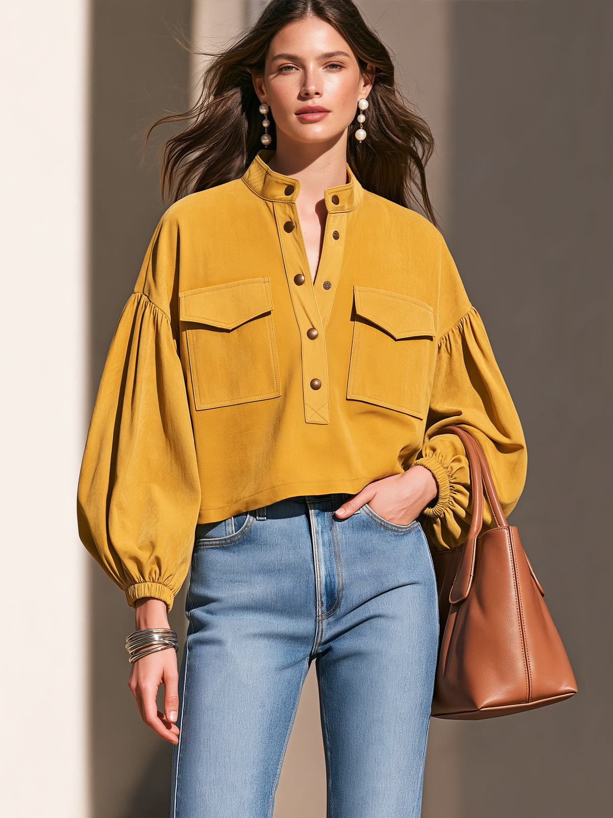 Stand Collar Balloon Sleeves Blouse Pullover