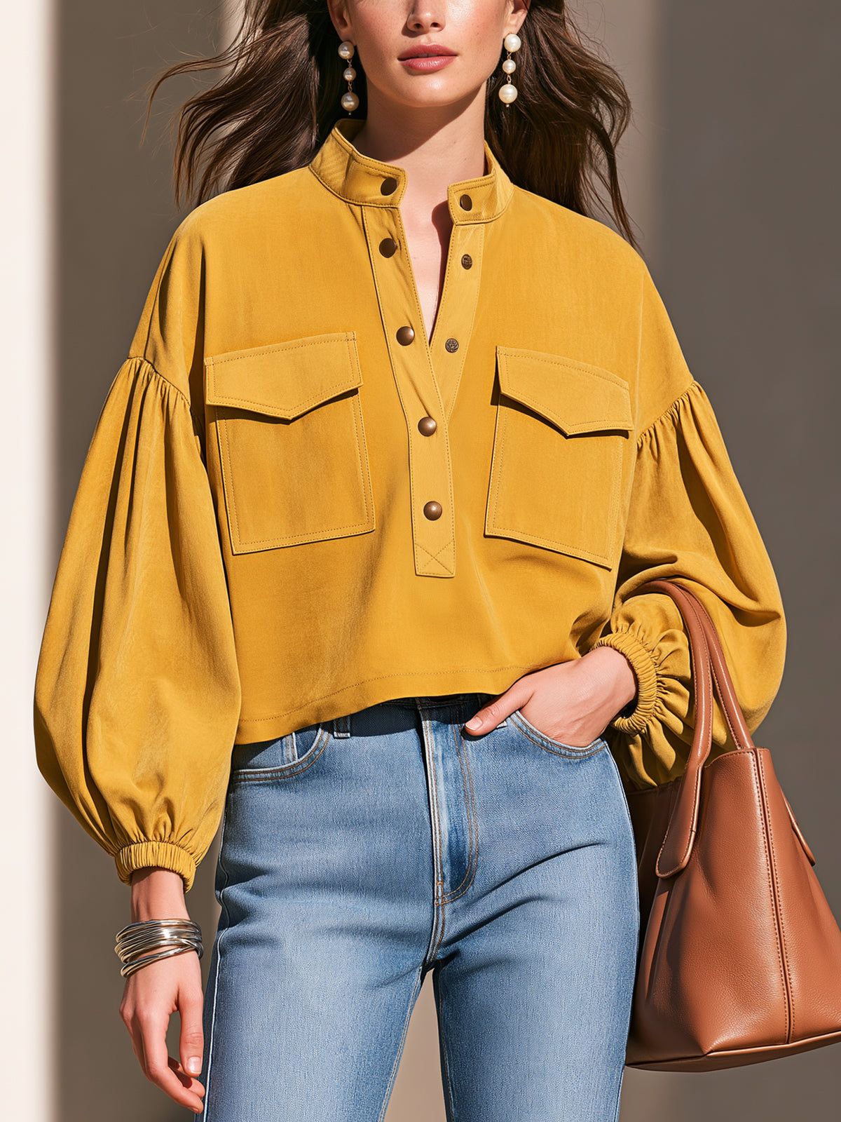 Stand Collar Balloon Sleeves Blouse Pullover