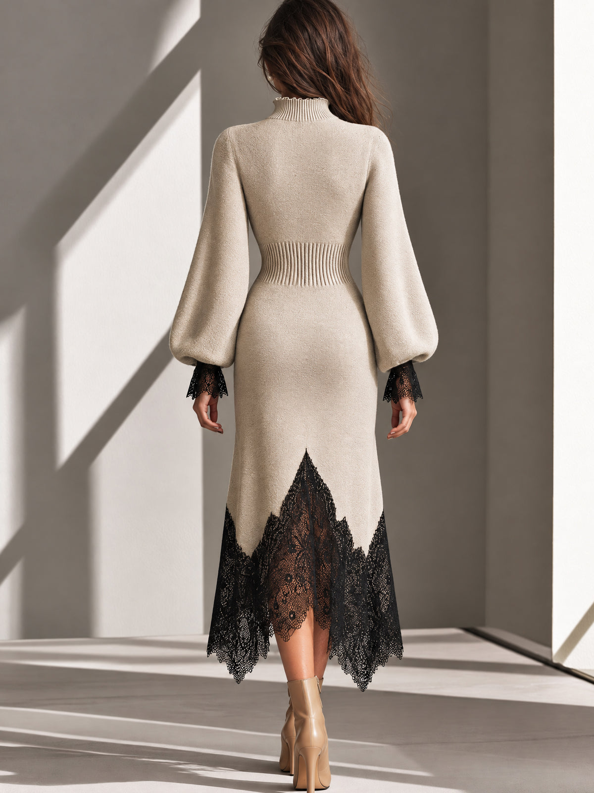 Half-Zip Contrast Lace Trim Wool Blend Knit Midi Dress