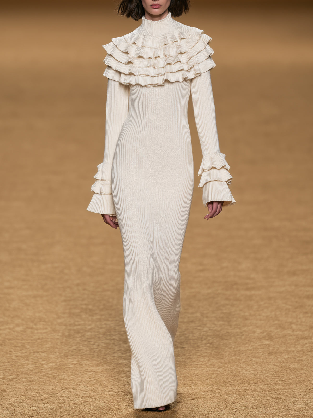 Cream Ribbed Knit Maxi Dress With Tiered Ruffle Collar And Cuffs