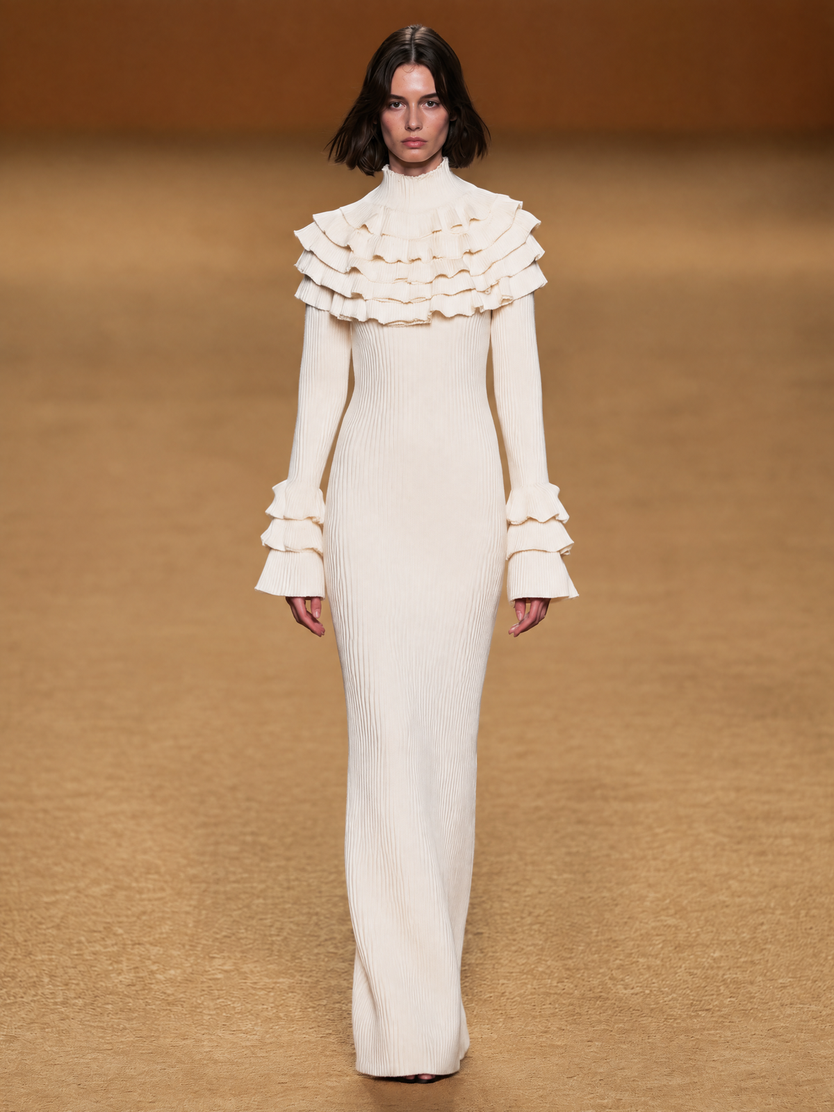 Cream Ribbed Knit Maxi Dress With Tiered Ruffle Collar And Cuffs
