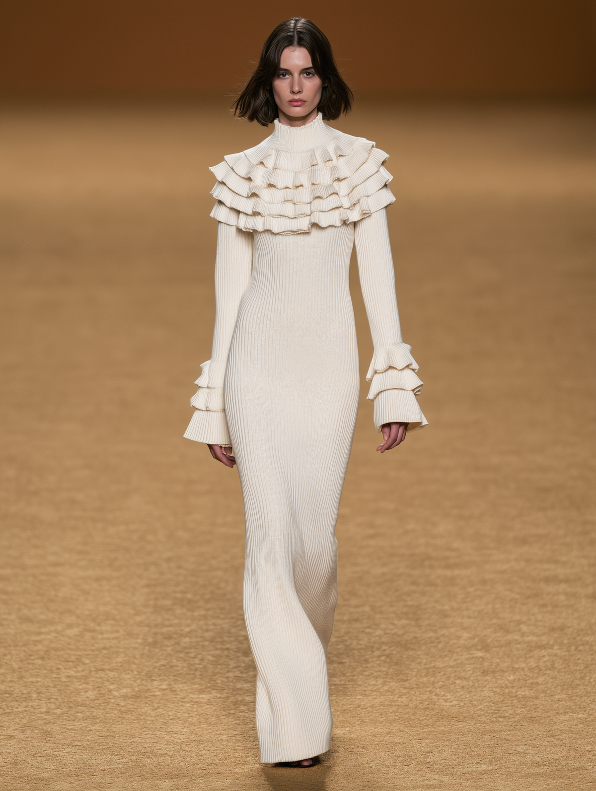 Cream Ribbed Knit Maxi Dress With Tiered Ruffle Collar And Cuffs