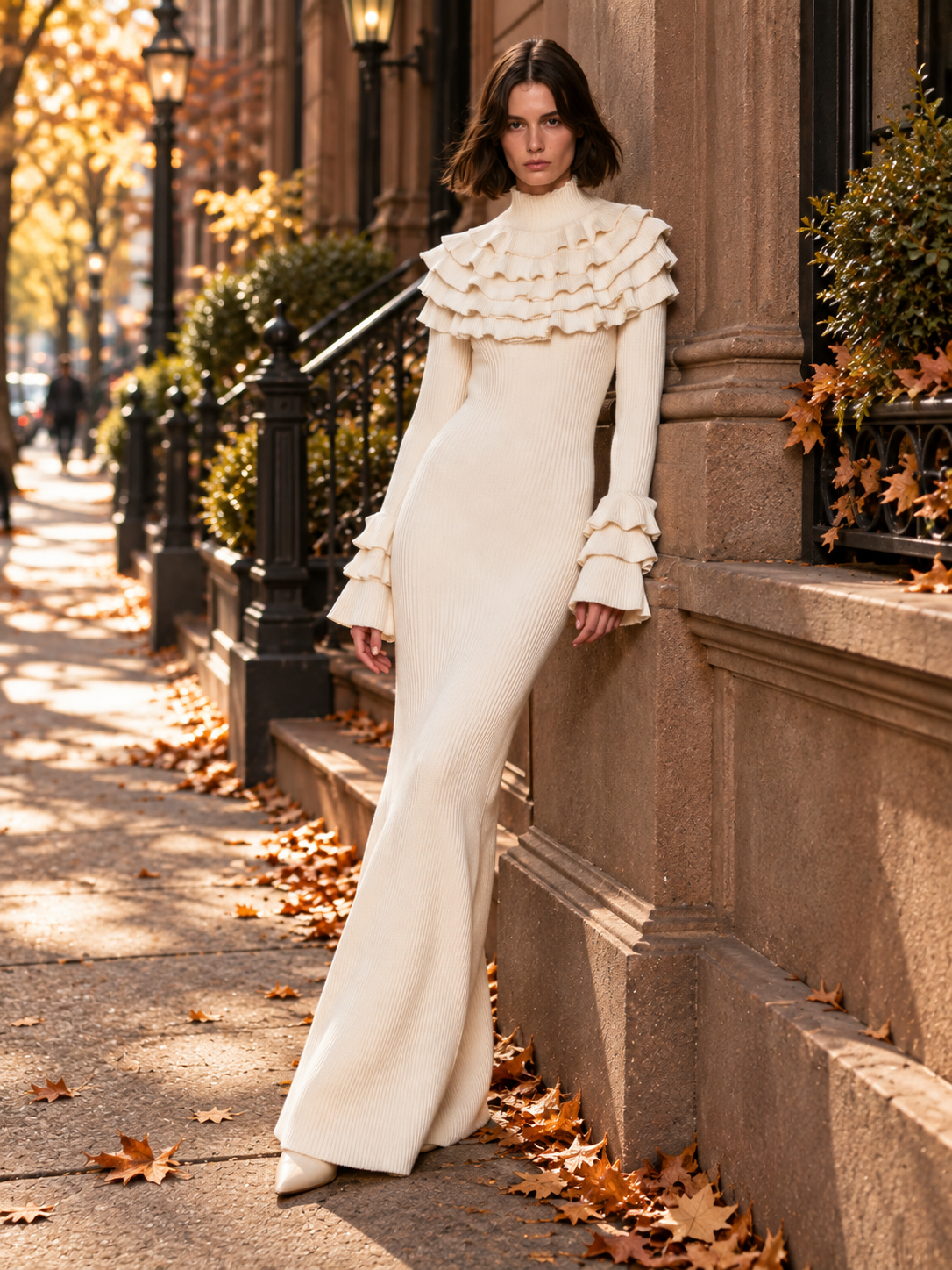 Cream Ribbed Knit Maxi Dress With Tiered Ruffle Collar And Cuffs