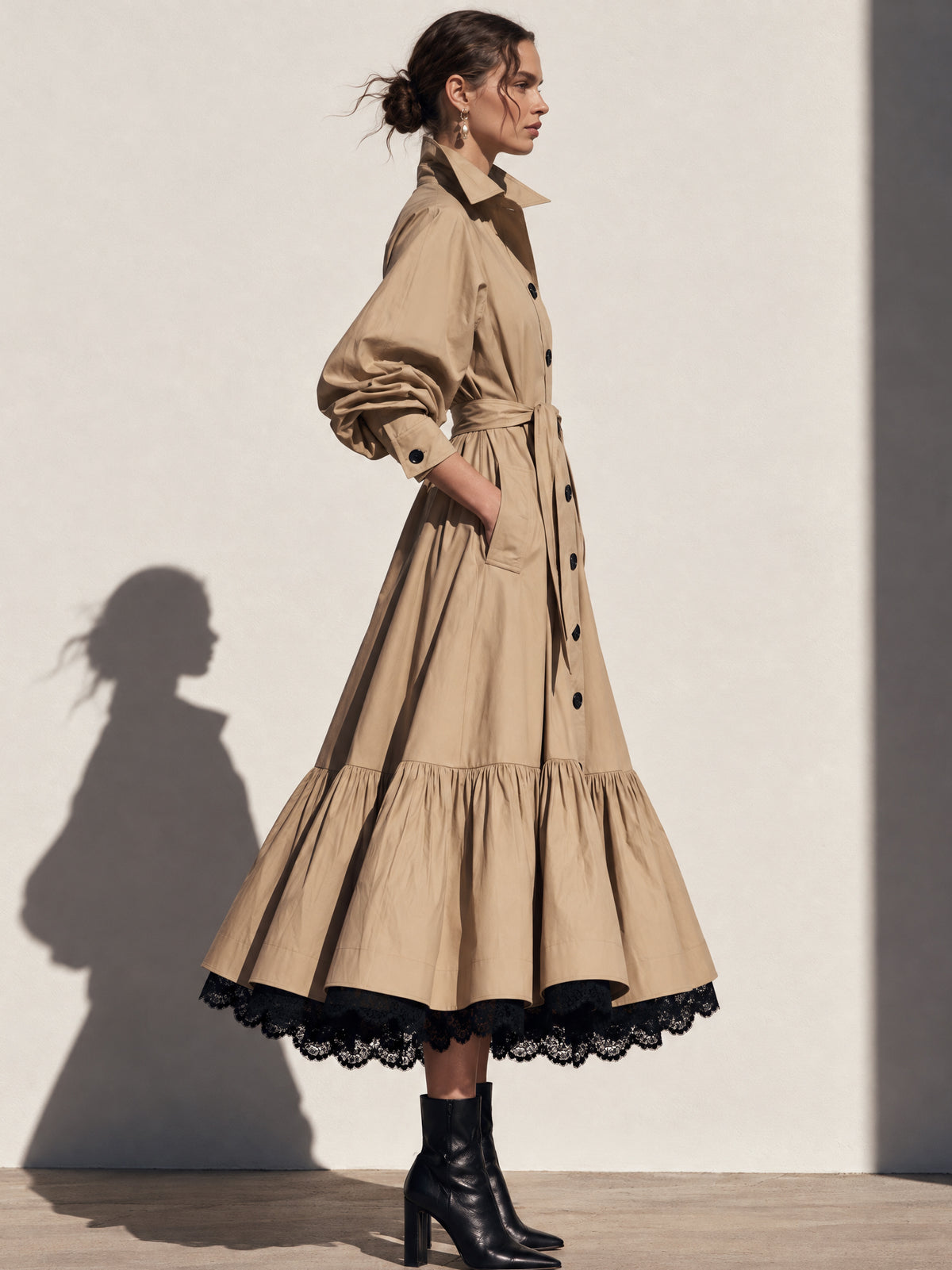 Elegant A-Line Lace Hem Belted Trench Coat
