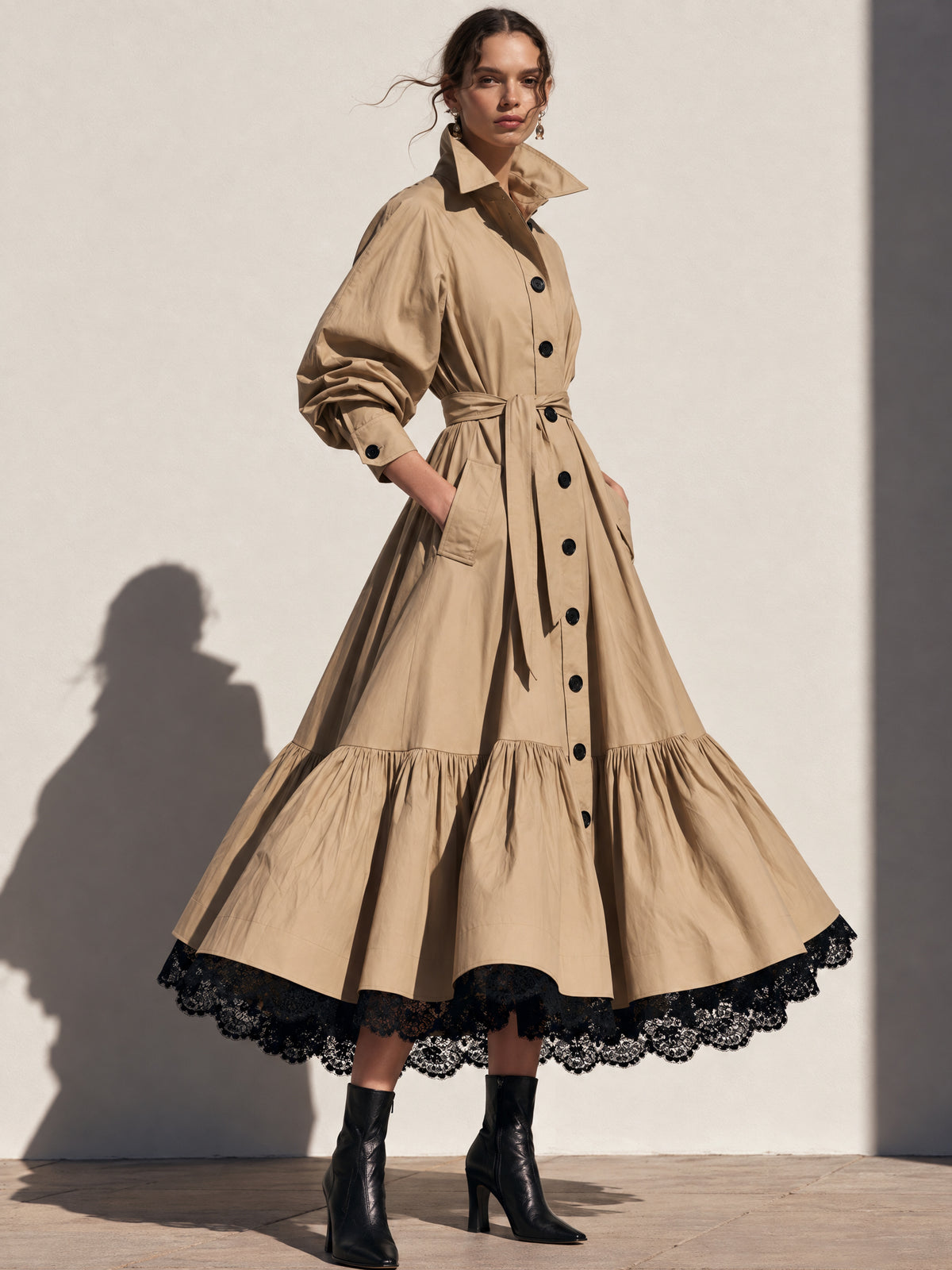 Elegant A-Line Lace Hem Belted Trench Coat