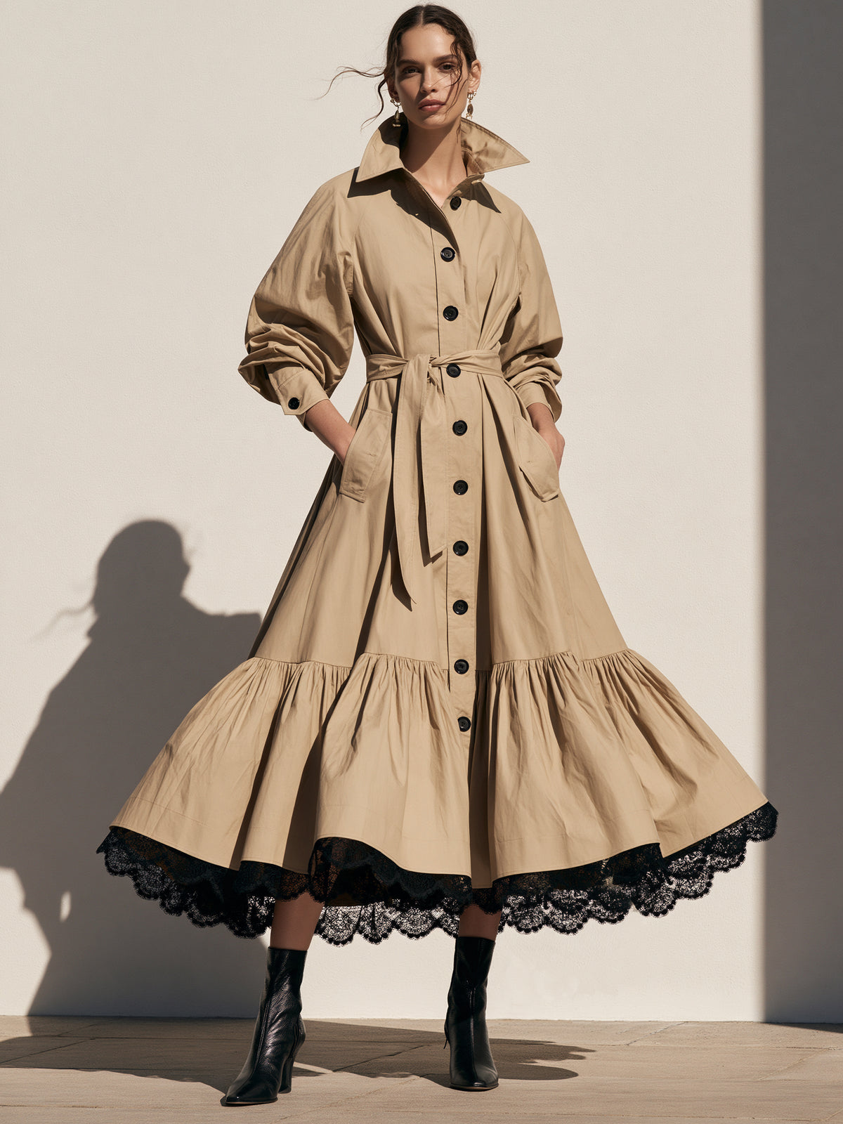 Elegant A-Line Lace Hem Belted Trench Coat
