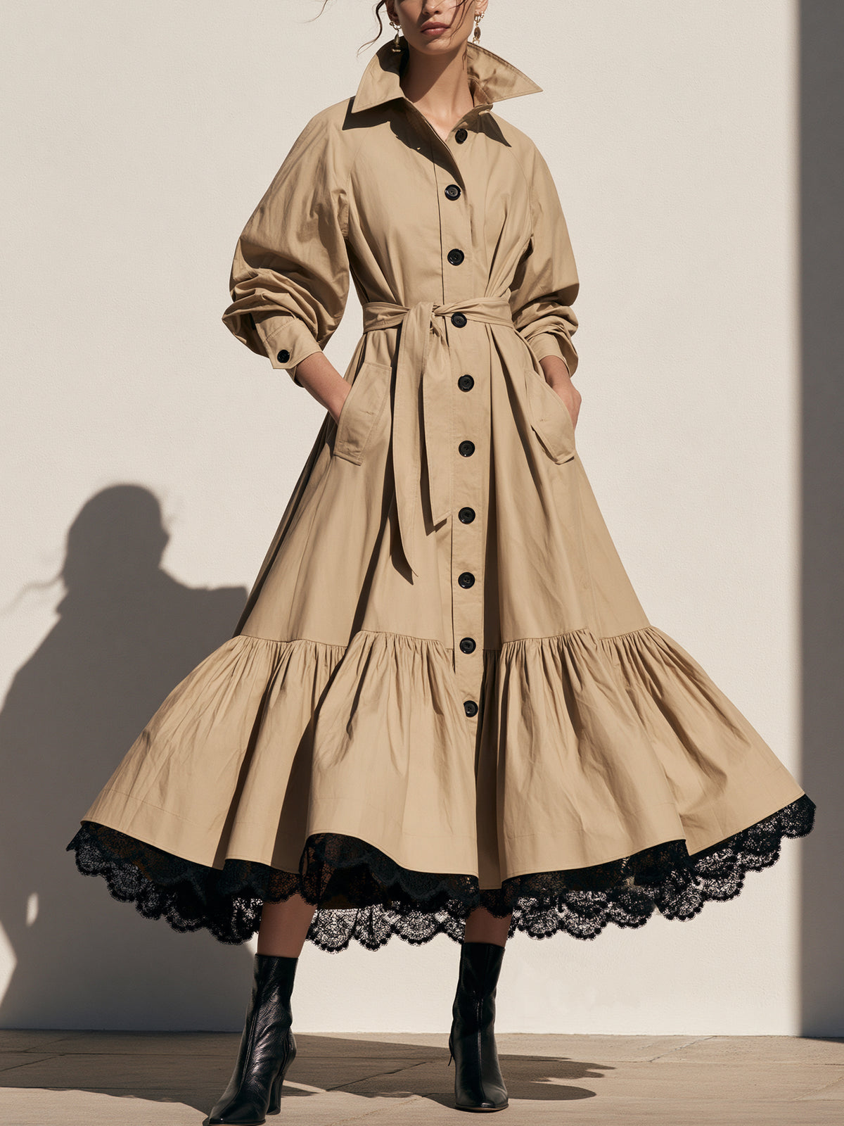 Elegant A-Line Lace Hem Belted Trench Coat