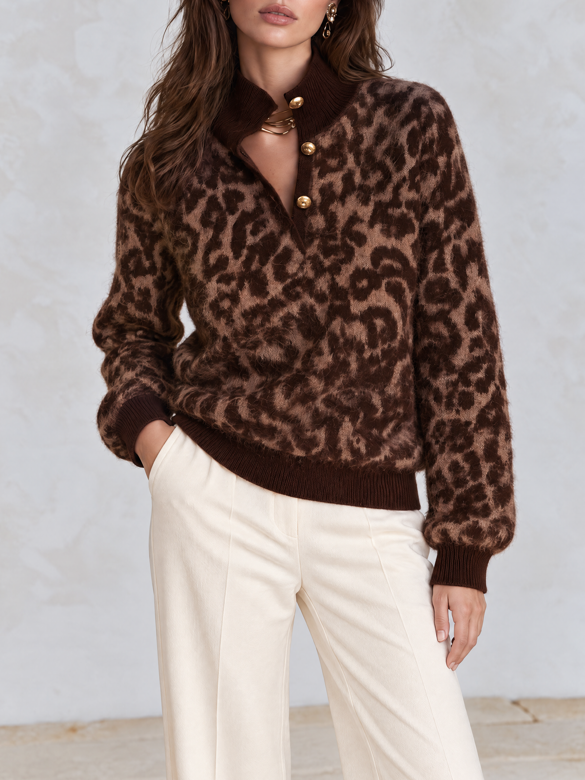 Brown Leopard High-Neck Fuzzy Knit Sweater
