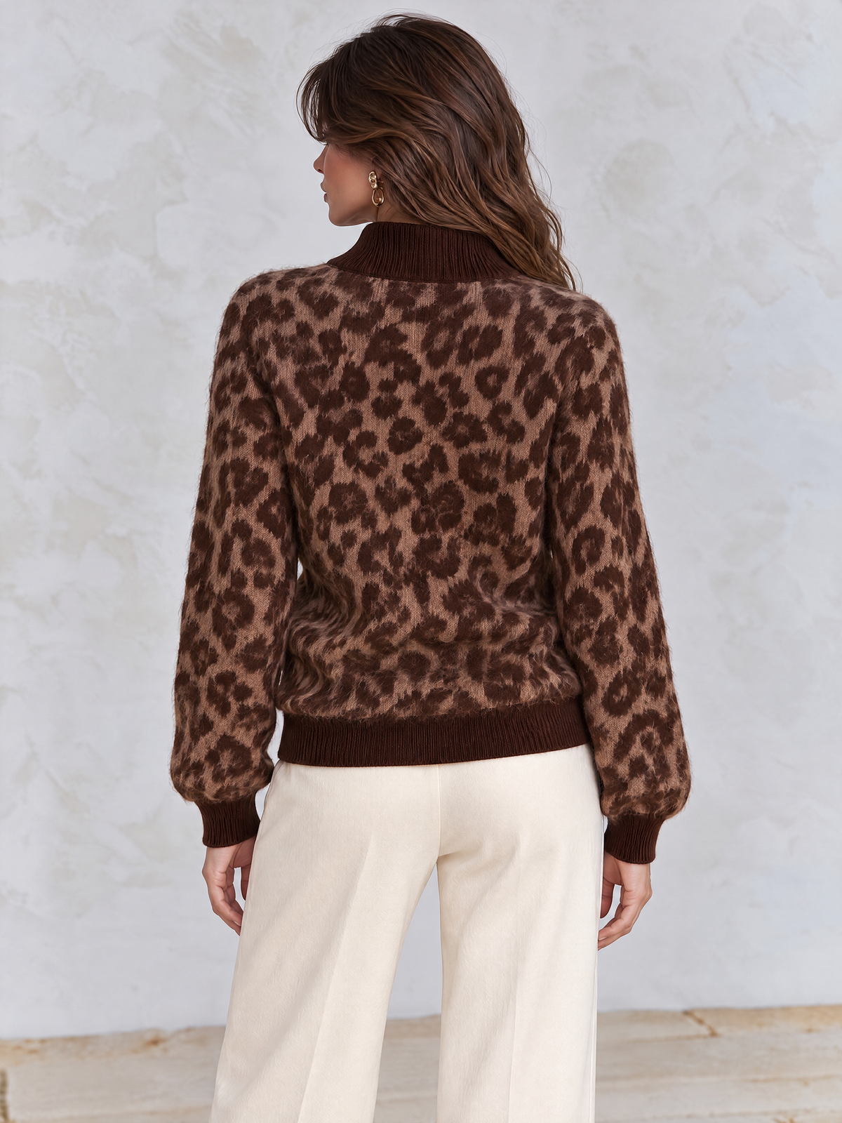 Brown Leopard High-Neck Fuzzy Knit Sweater