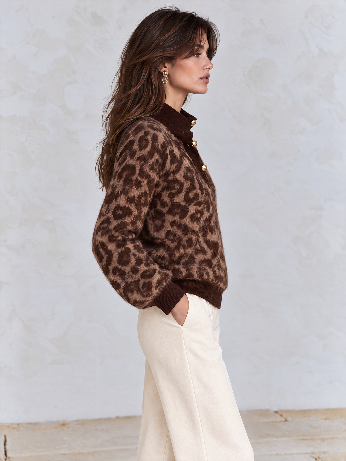 Brown Leopard High-Neck Fuzzy Knit Sweater