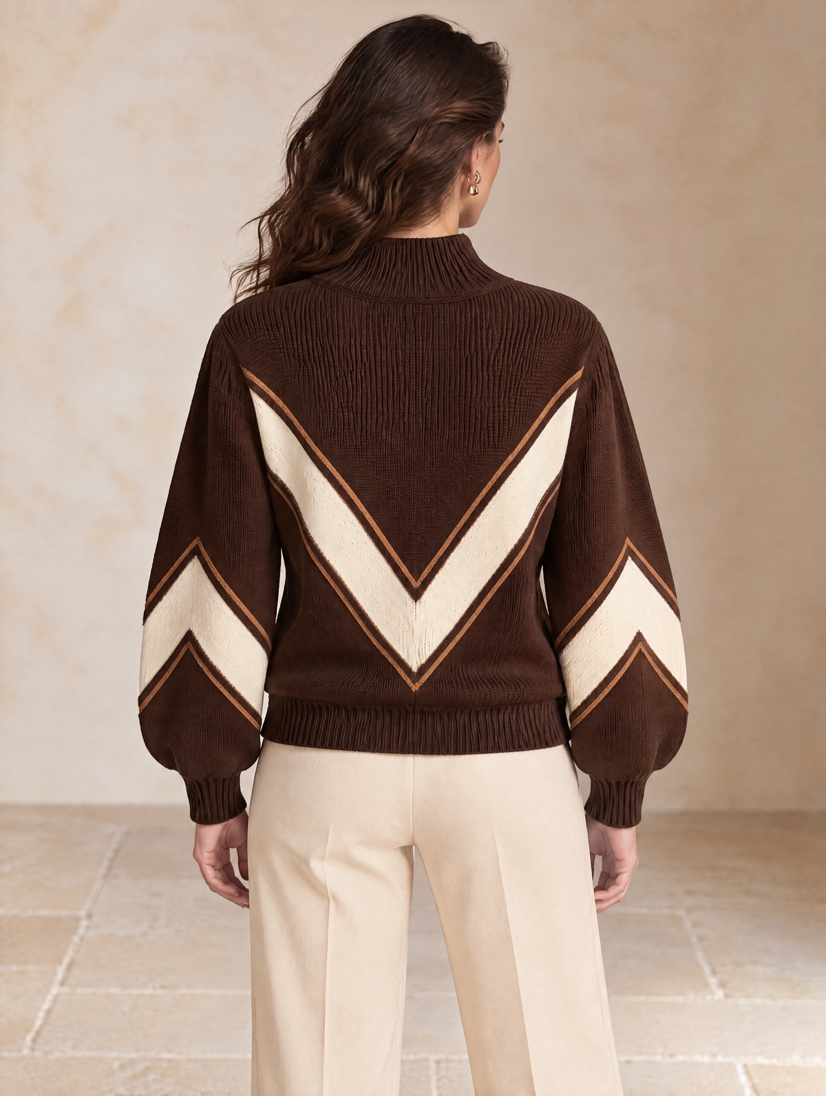 Brown Ivory Geometric High-Neck Knit Sweater