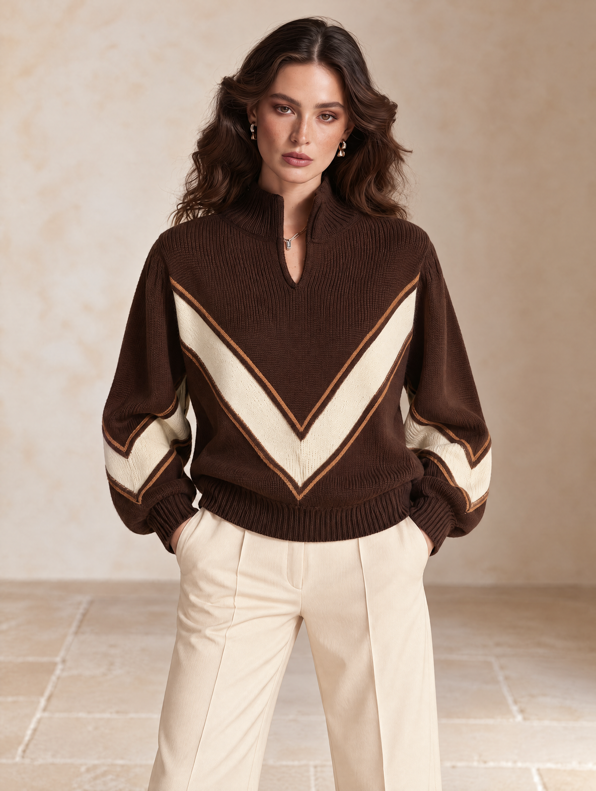 Brown Ivory Geometric High-Neck Knit Sweater