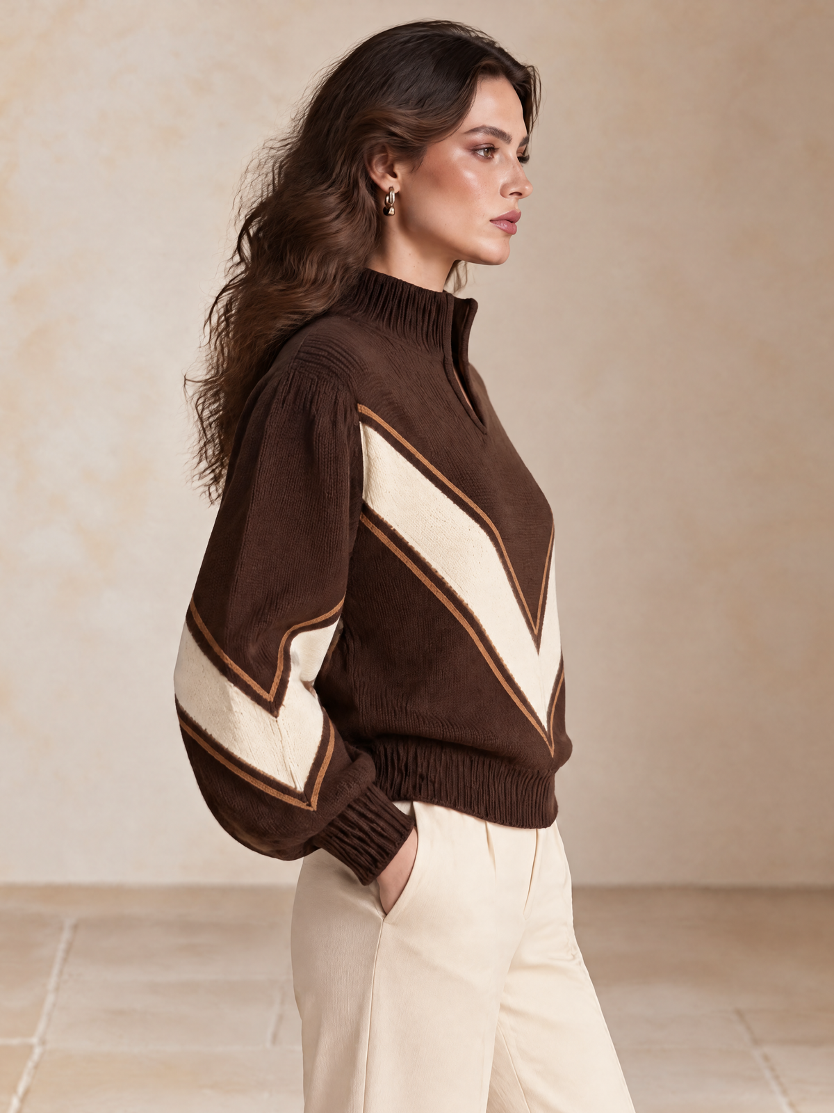 Brown Ivory Geometric High-Neck Knit Sweater