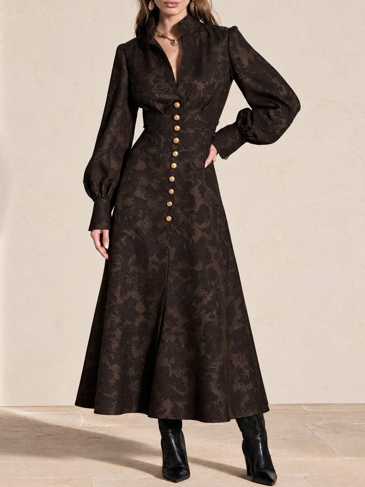 Coffee Brown Jacquard V-Neck Maxi Dress