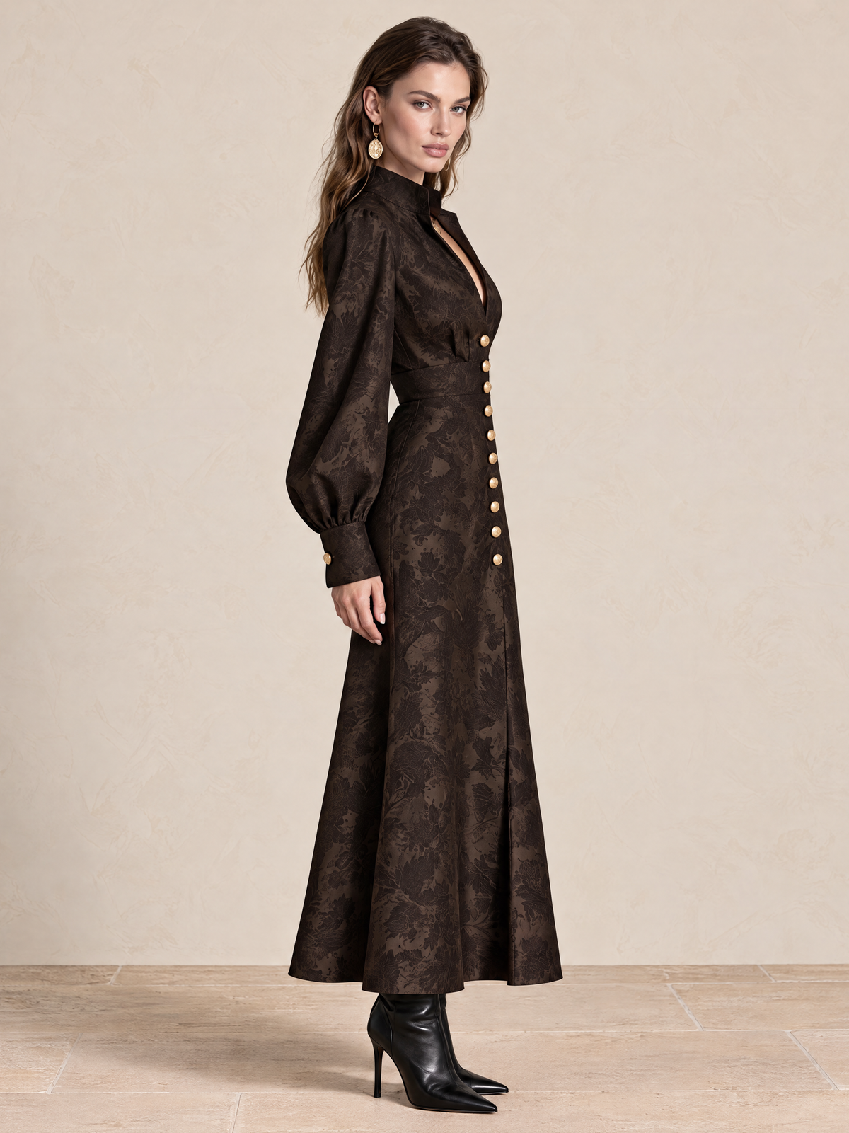 Coffee Brown Jacquard V-Neck Maxi Dress