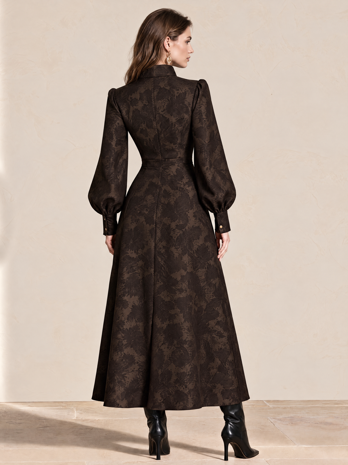 Coffee Brown Jacquard V-Neck Maxi Dress
