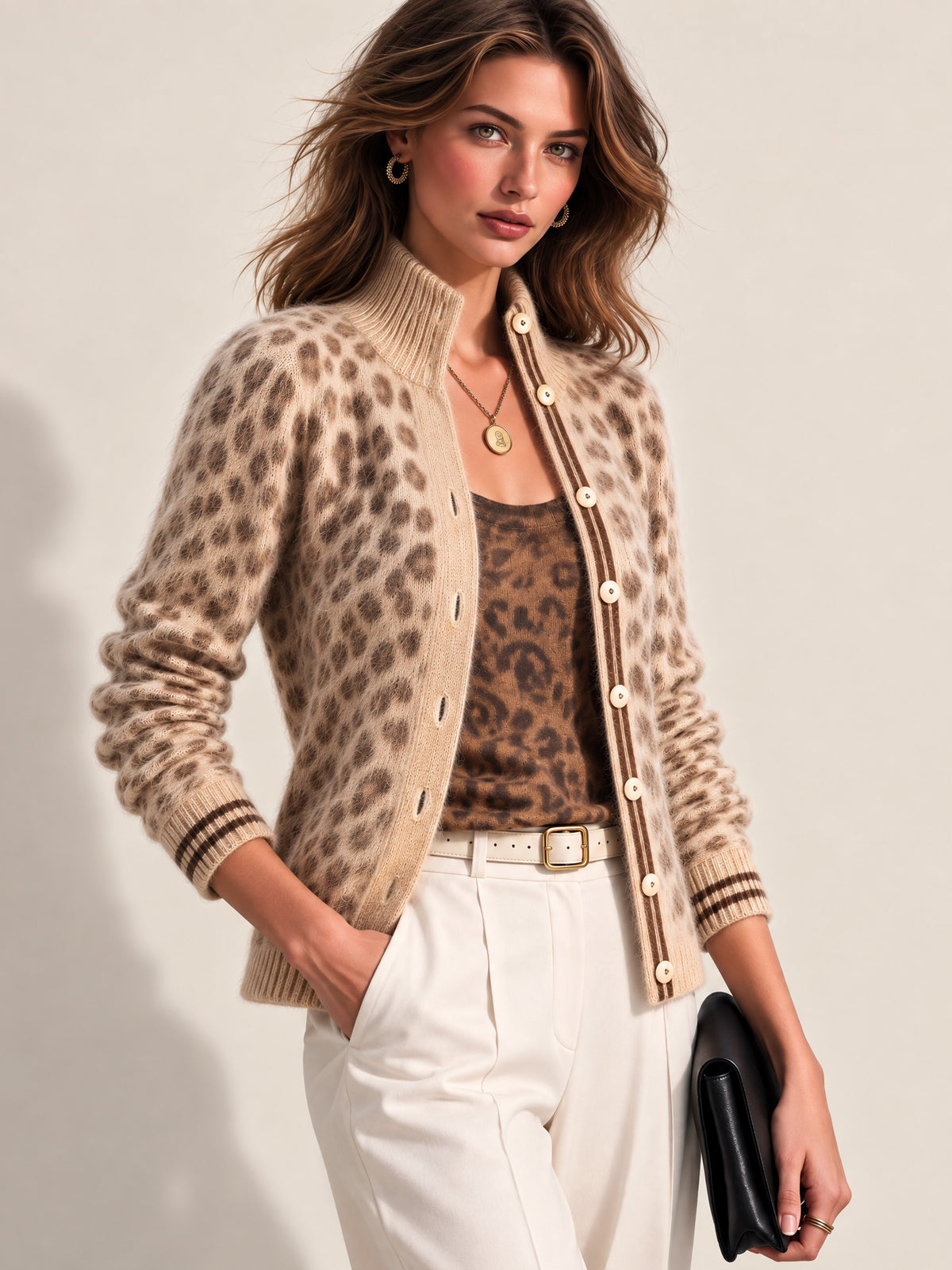Leopard Stand Collar Knit Cardigan Knitwear