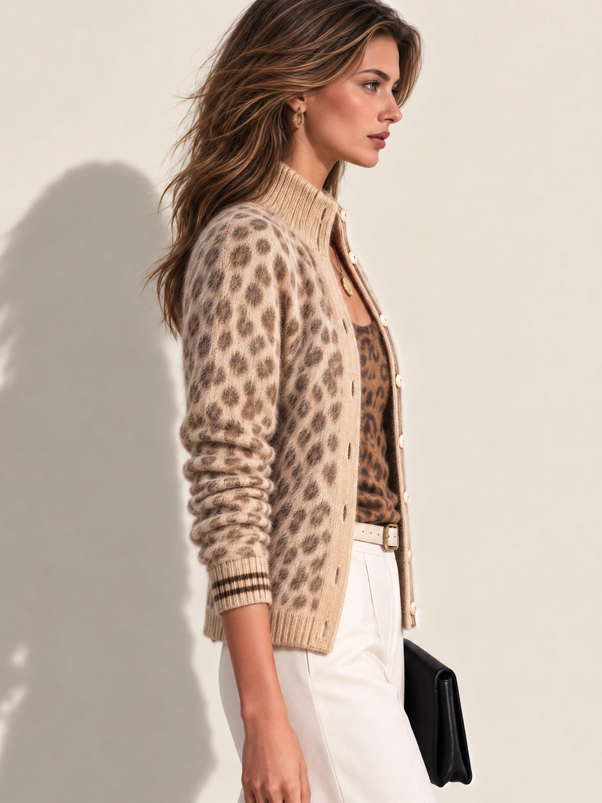 Leopard Stand Collar Knit Cardigan Knitwear