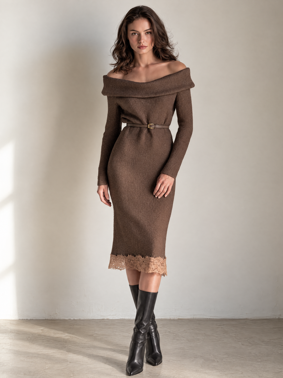 Taupe Off-Shoulder Lace-Trim Wool Knit Midi Dress