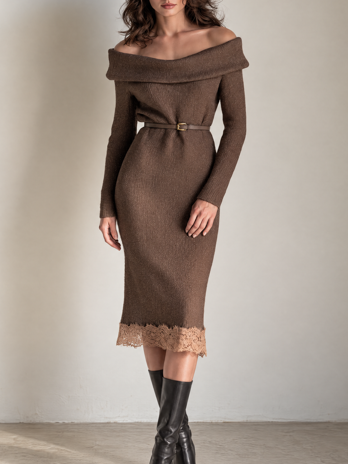 Taupe Off-Shoulder Lace-Trim Wool Knit Midi Dress