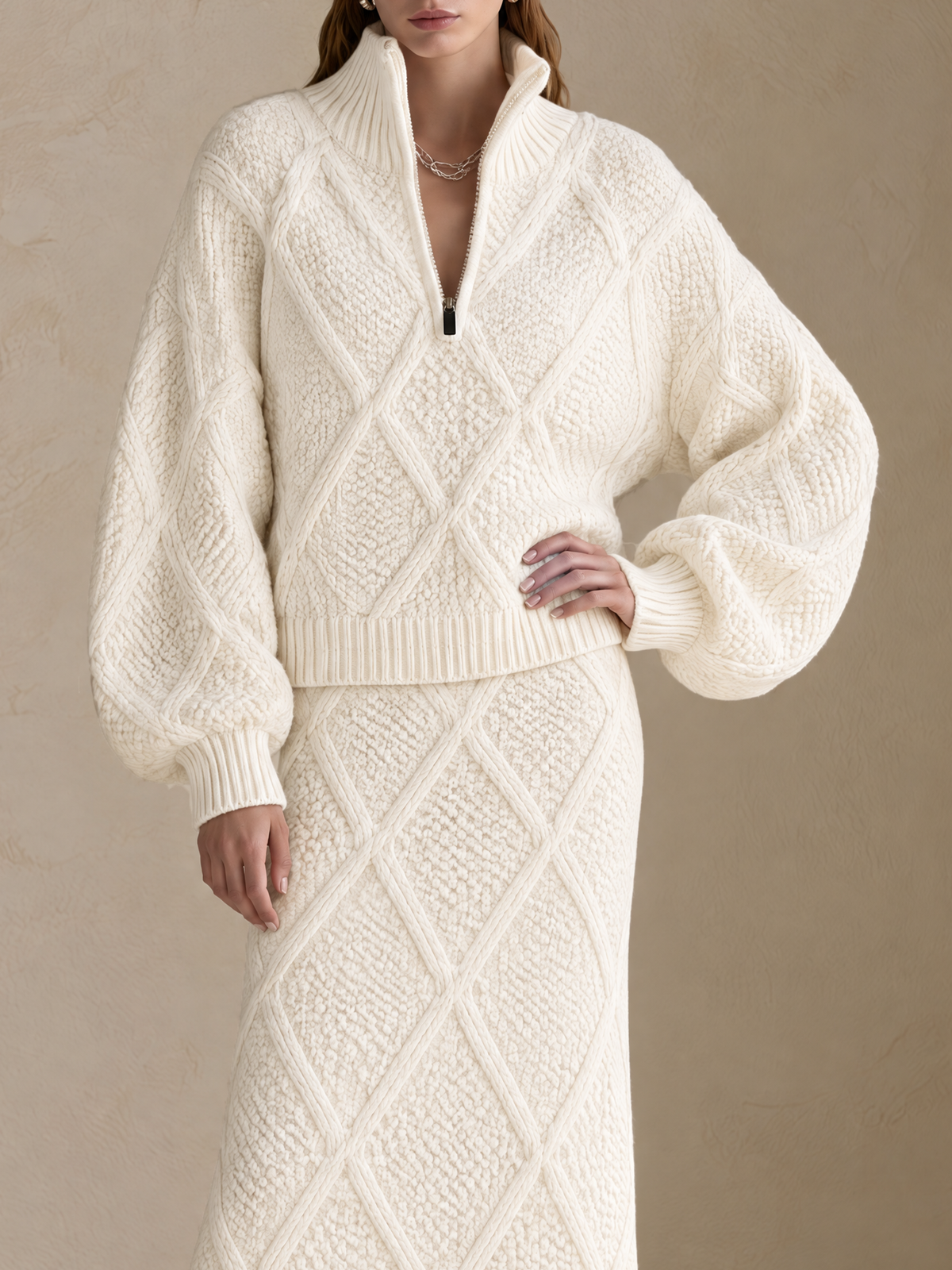 Ivory Diamond Cable-Knit Wool Sweater