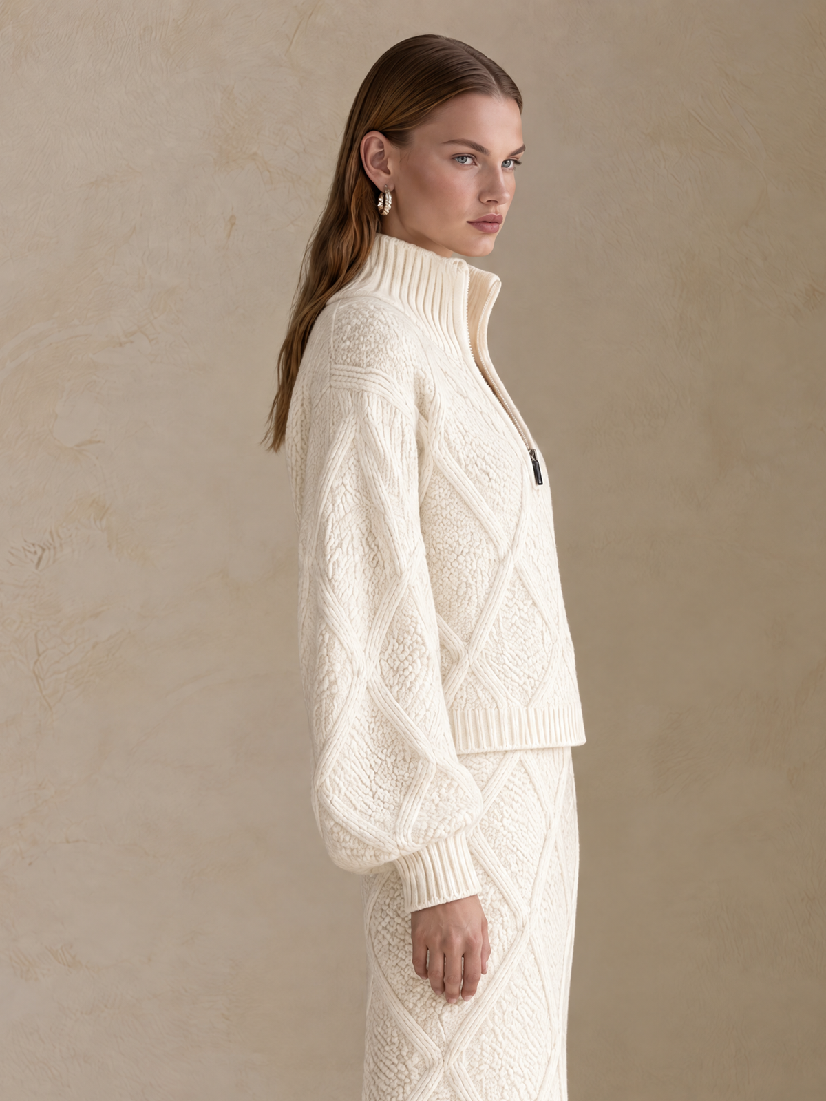 Ivory Diamond Cable-Knit Wool Sweater