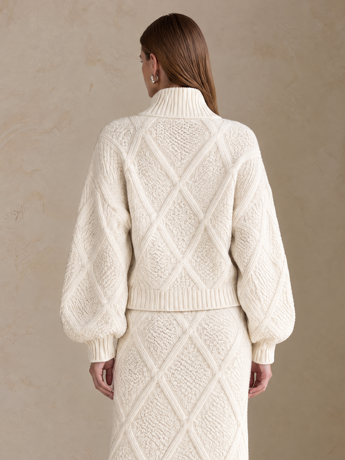 Ivory Diamond Cable-Knit Wool Sweater