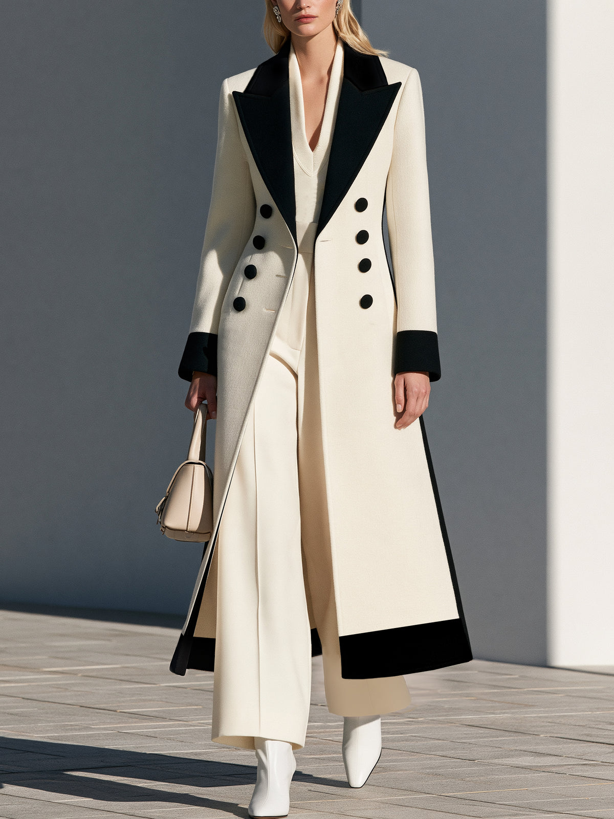 Wool Blend Color Block Peak Lapel Long Coat Overcoat
