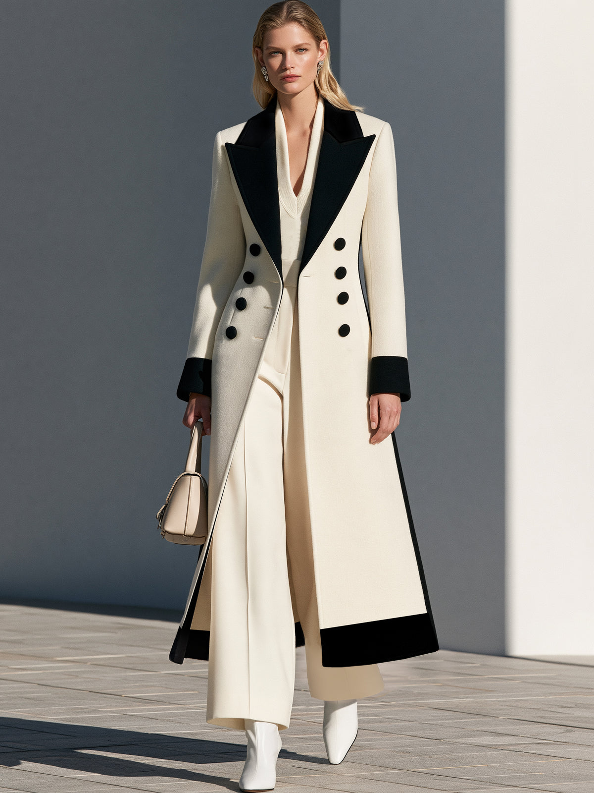 Wool Blend Color Block Peak Lapel Long Coat Overcoat