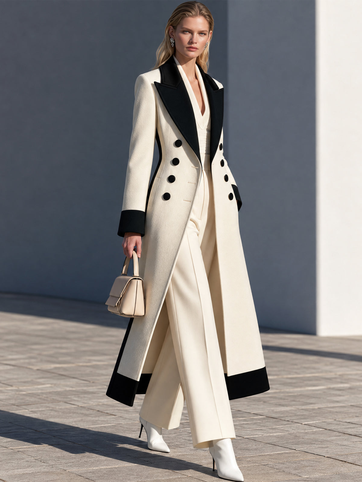 Wool Blend Color Block Peak Lapel Long Coat Overcoat