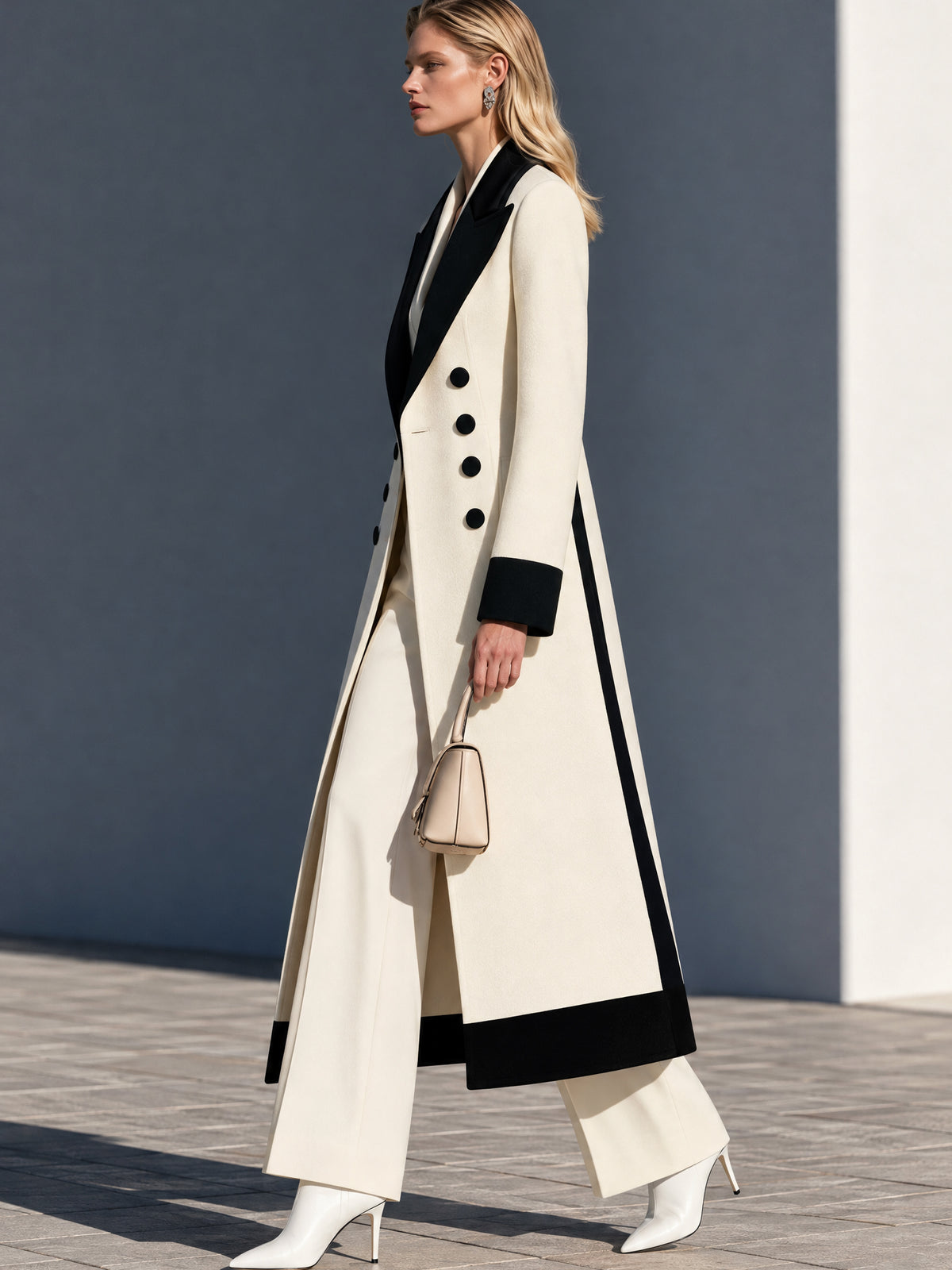 Wool Blend Color Block Peak Lapel Long Coat Overcoat