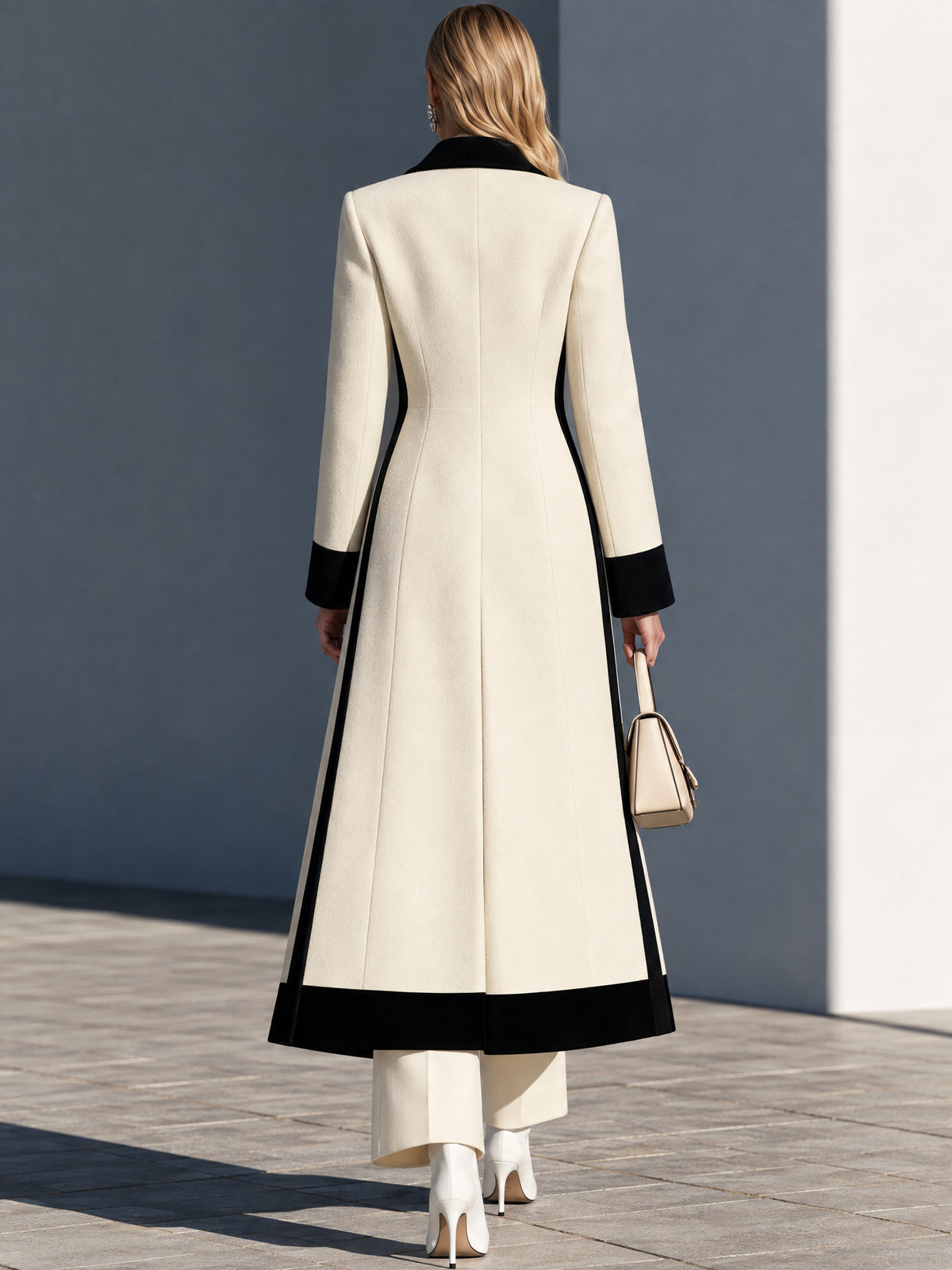 Wool Blend Color Block Peak Lapel Long Coat Overcoat