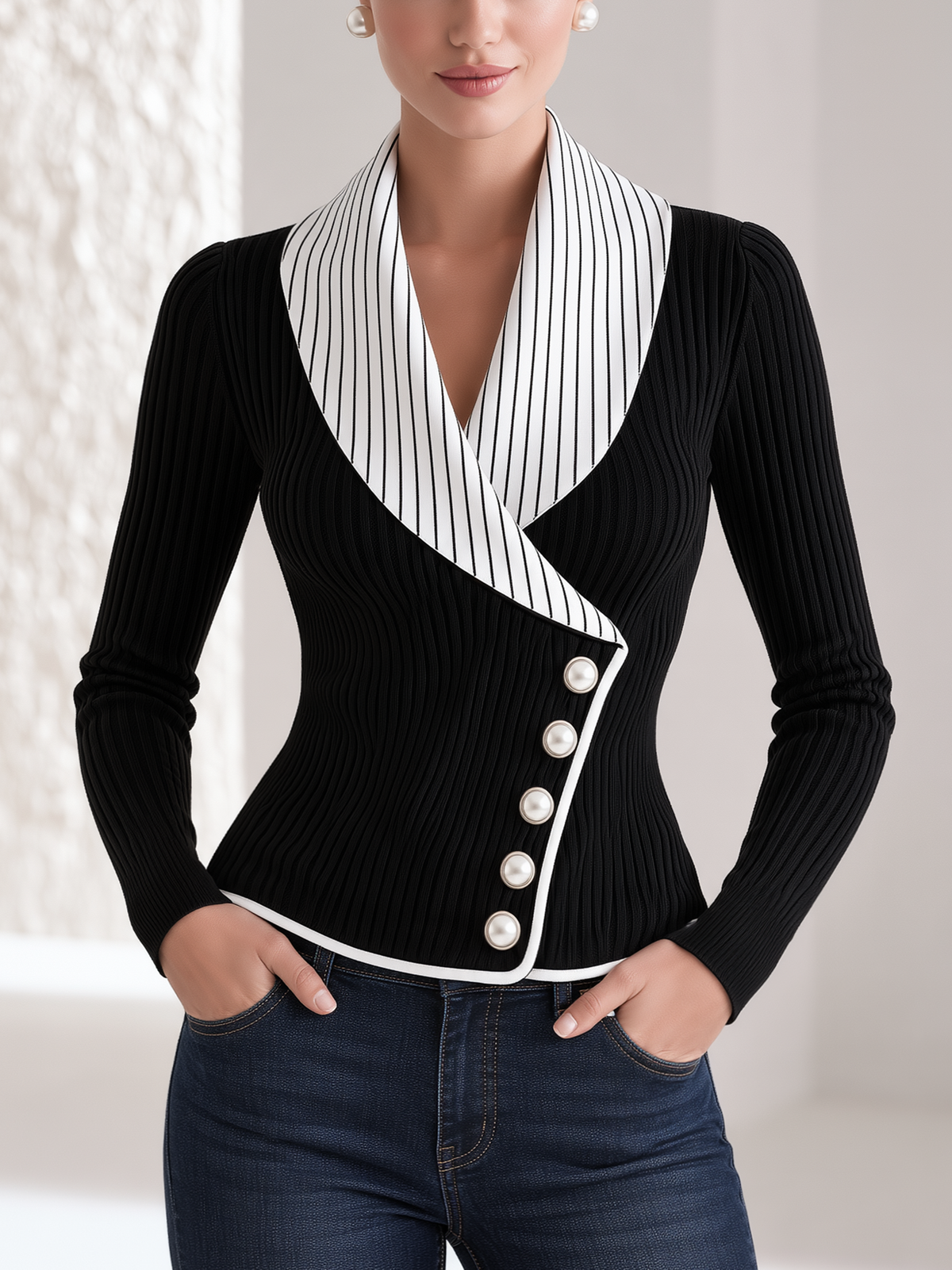 Striped Wide Lapel Diagonal Pearl Buttons Waist Knit Cardigan