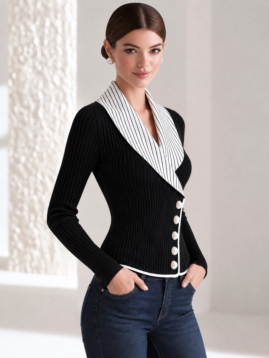 Striped Wide Lapel Diagonal Pearl Buttons Waist Knit Cardigan