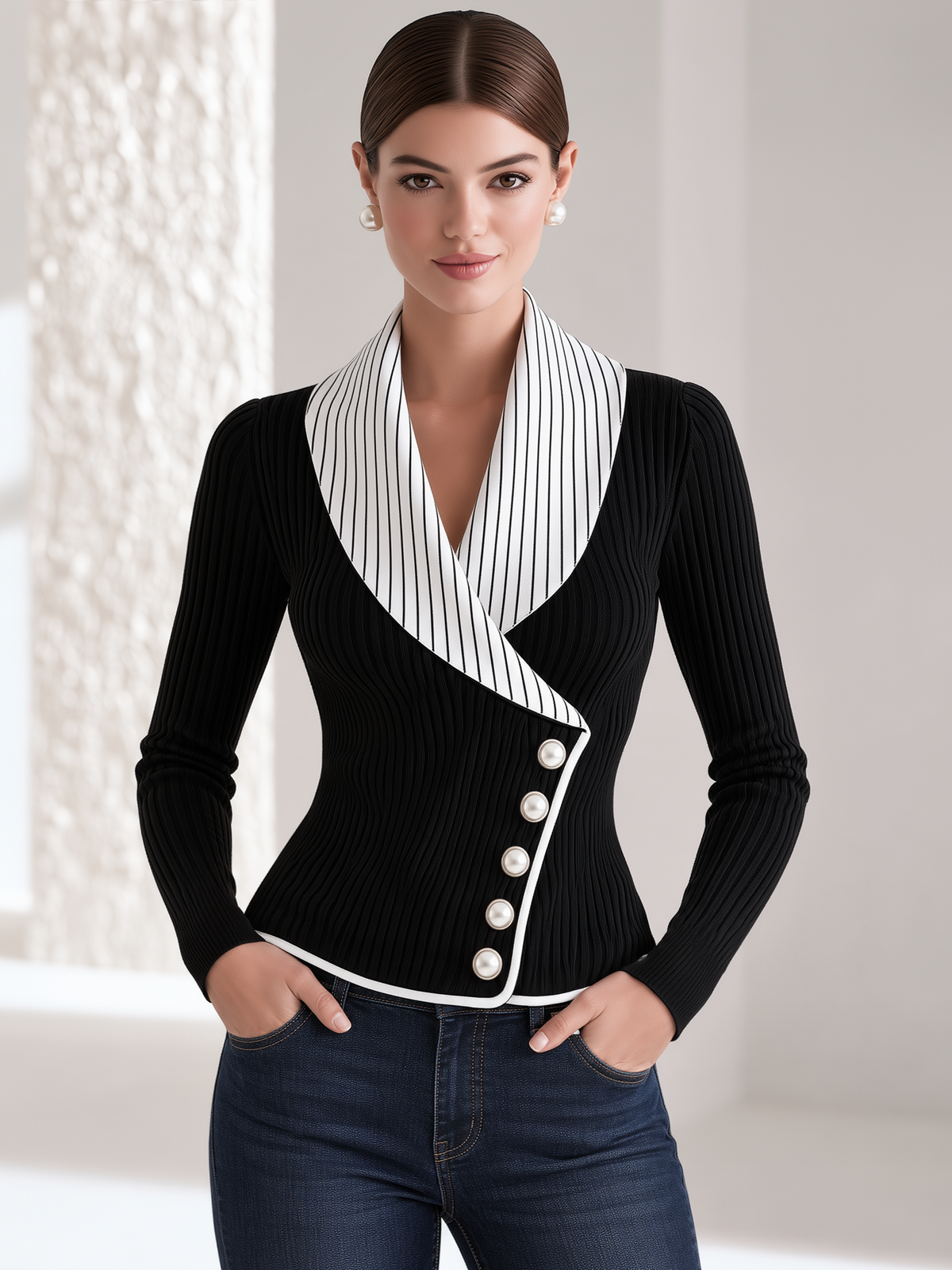 Striped Wide Lapel Diagonal Pearl Buttons Waist Knit Cardigan
