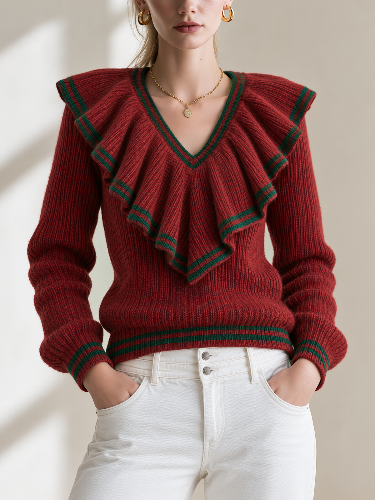 Contrast Trim Big Ruffle V Neck Loose Knit Sweater
