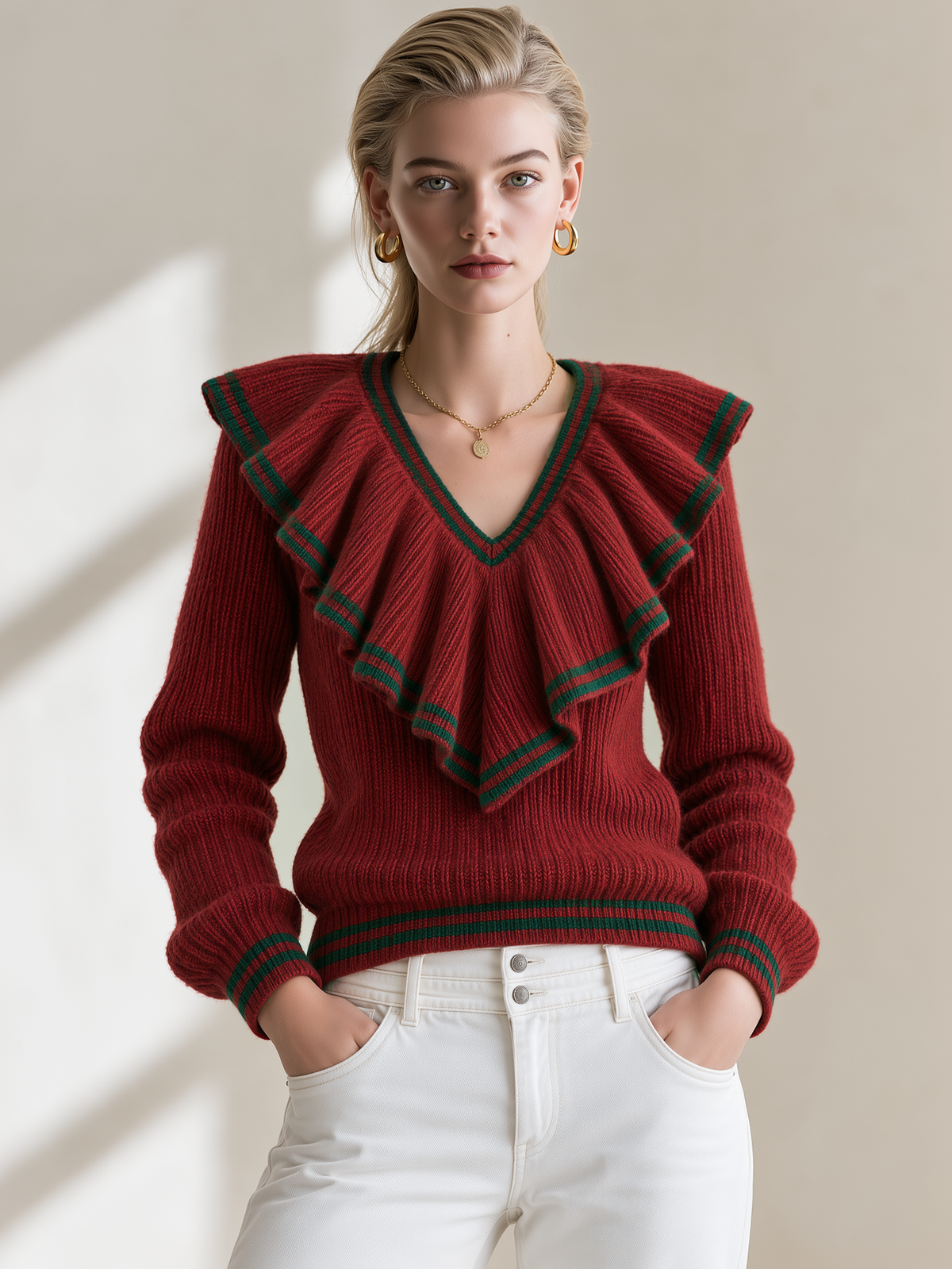 Contrast Trim Big Ruffle V Neck Loose Knit Sweater