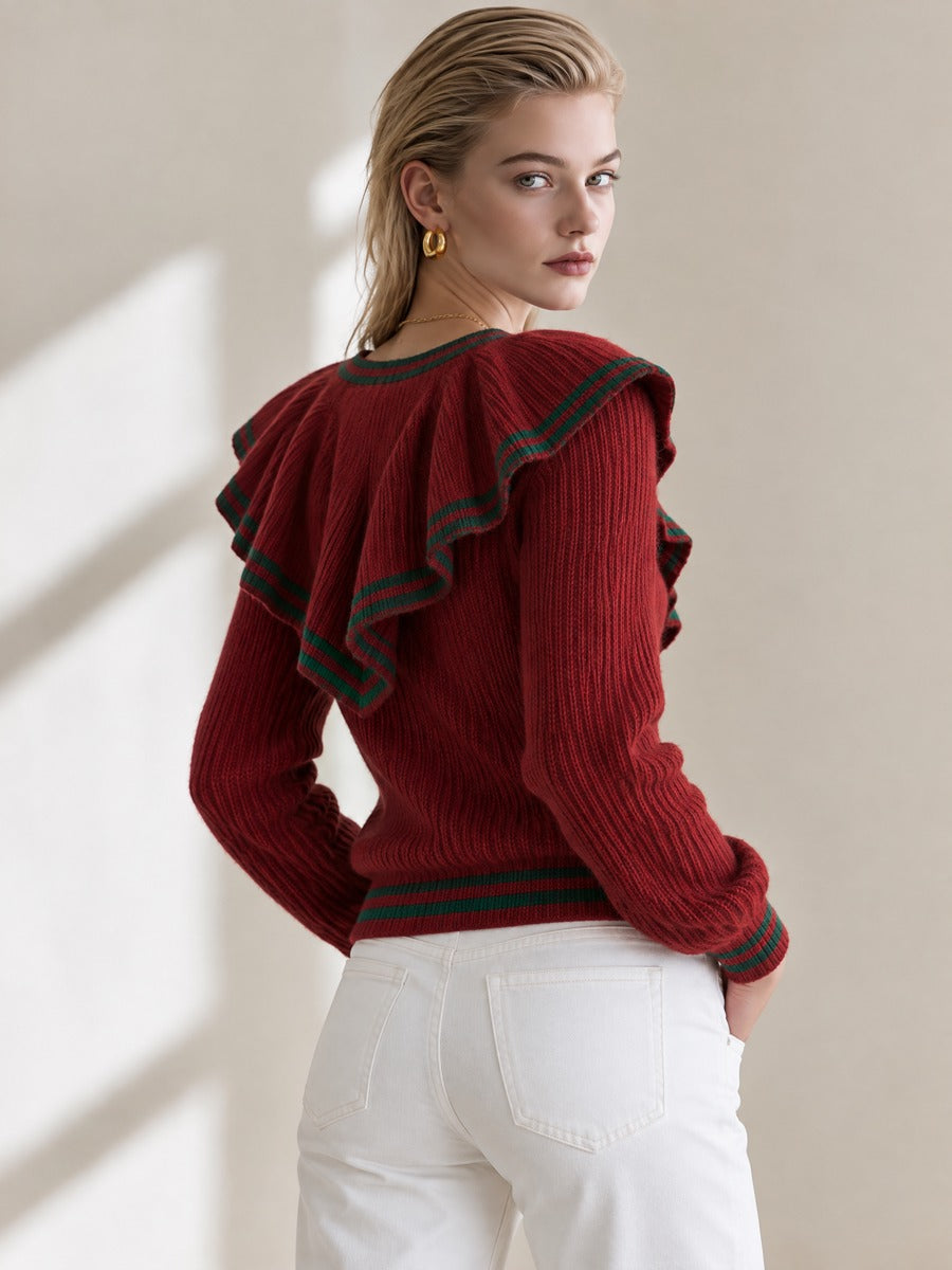 Contrast Trim Big Ruffle V Neck Loose Knit Sweater